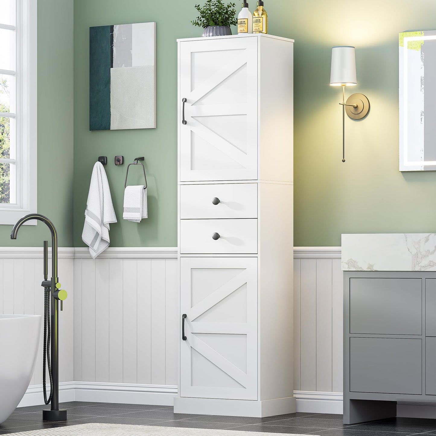 DDONGMM Tall Bathroom Storage Cabinet with 2 Drawers, Farmhouse Narrow Storage Unit with 2 Doors and Adjustable Shelves, 67" Tall Cabinet for Bathroom, Kitchen, Home Office (White, 1 Piece)