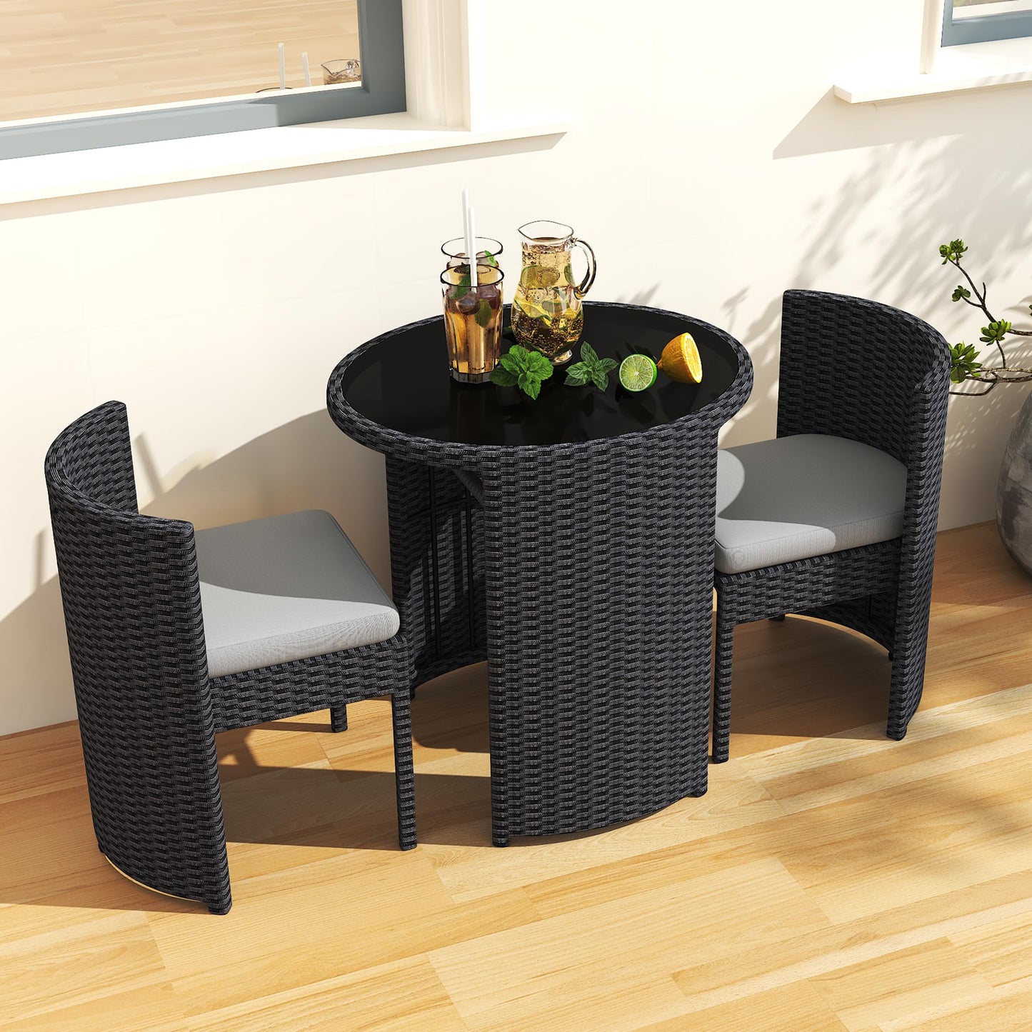 TWT 3 Pieces Fully Assembled Aluminum Outdoor Patio Bistro Set All-Weather Wicker Patio Furniture with Tempered Glass Table & Patio Chairs for Poolside Porch Deck Apartment Black