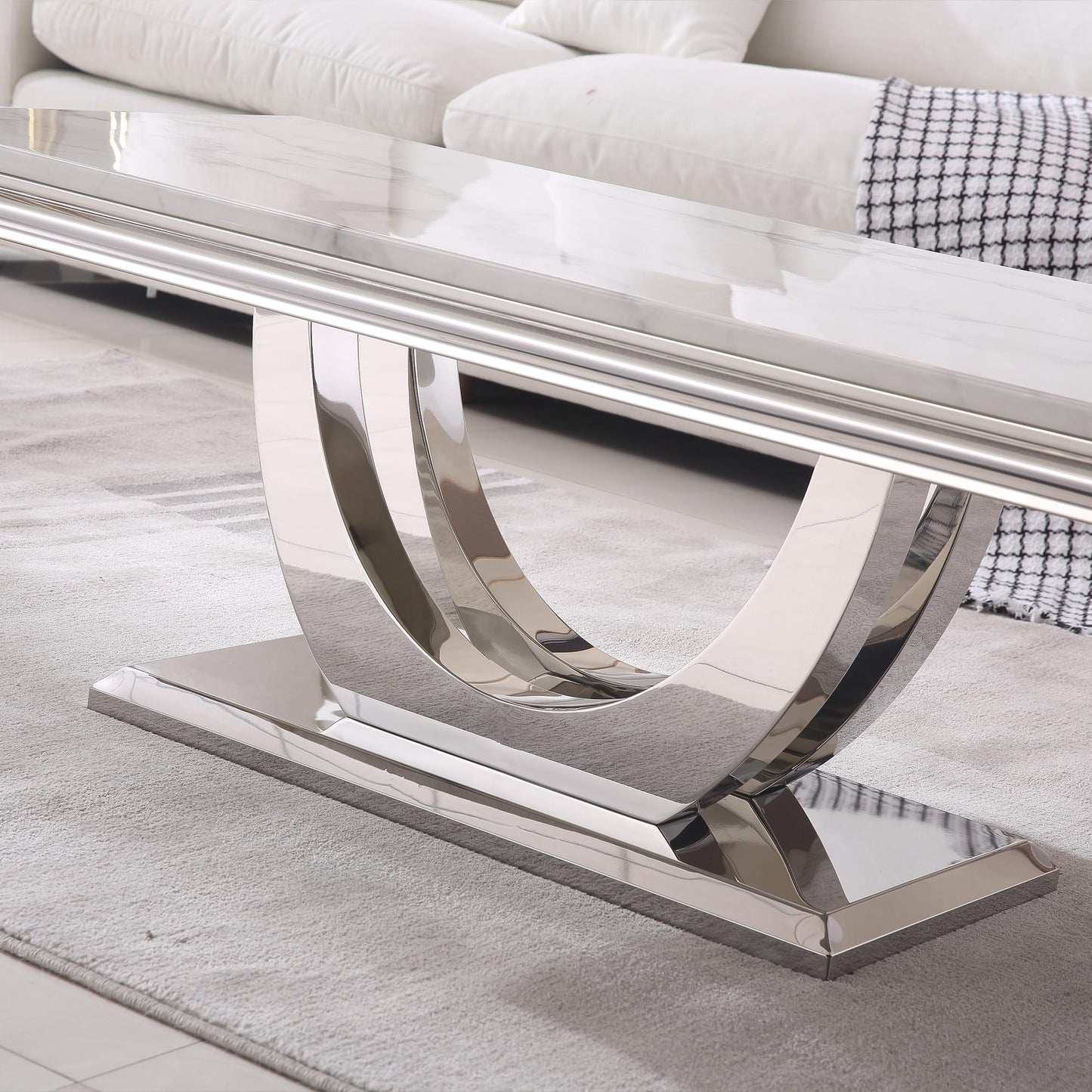 Modern Marble Coffee Table with Stainless Steel Pedestal, 47" Luxury Silver Coffee Table for Living Room, Unique Faux Marble Cocktail Table Rectangle Funky Coffee Center Tables for Living Room