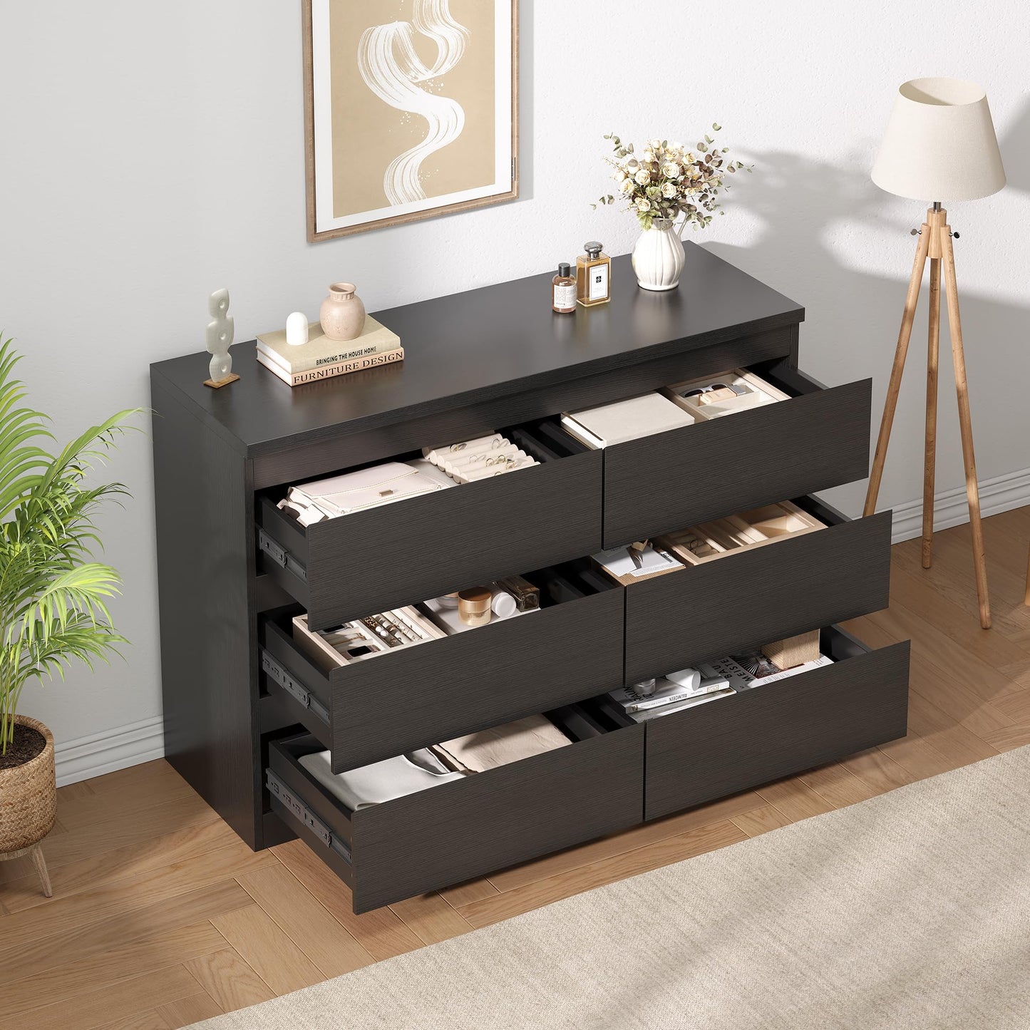 Jocoevol Black 6 Drawer Dresser for Bedroom, 15.3" D x 47.2" W x 32.3" H in Simply Modern Chest of Drawers, Wood Storage Double Dresser with Deep Drawers for Living Room, Hallway Entryway, Black