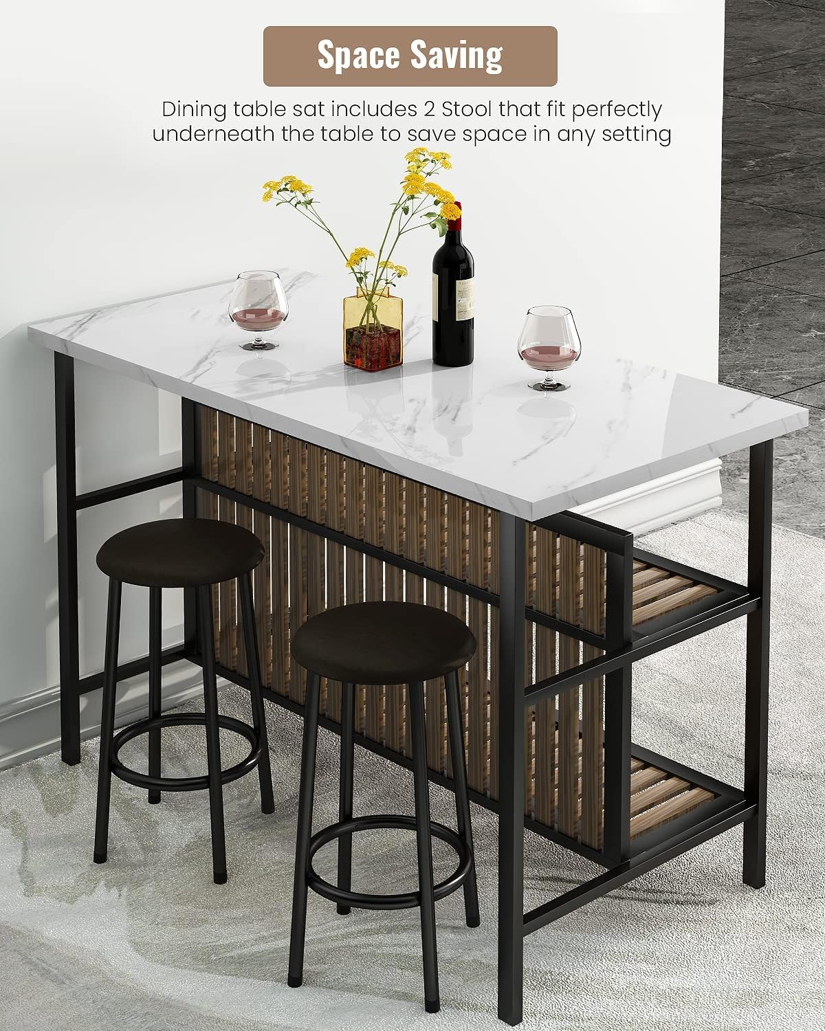 AWQM Kitchen Island with Seating & Storage Shelf, Modern Bar Table and Chairs Set for 2, Wooden Island Table for Kitchen, Dining Table Set for Small Space, White