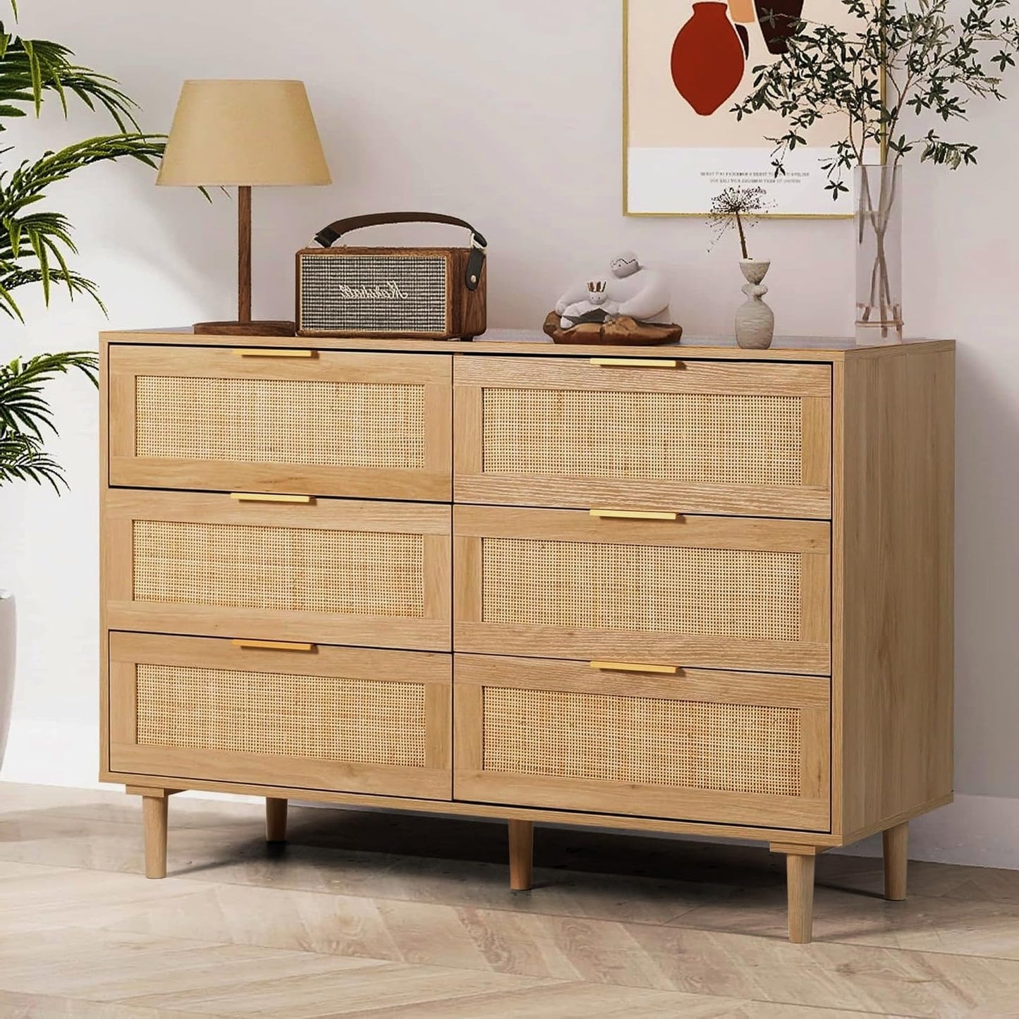 FUQARHY Rattan Dresser for Bedroom, Modern 6 Drawer Double Dresser with Gold Handles, Wood Storage Chest of Drawers fo Bedroom,Living Room,Hallway (Natural)