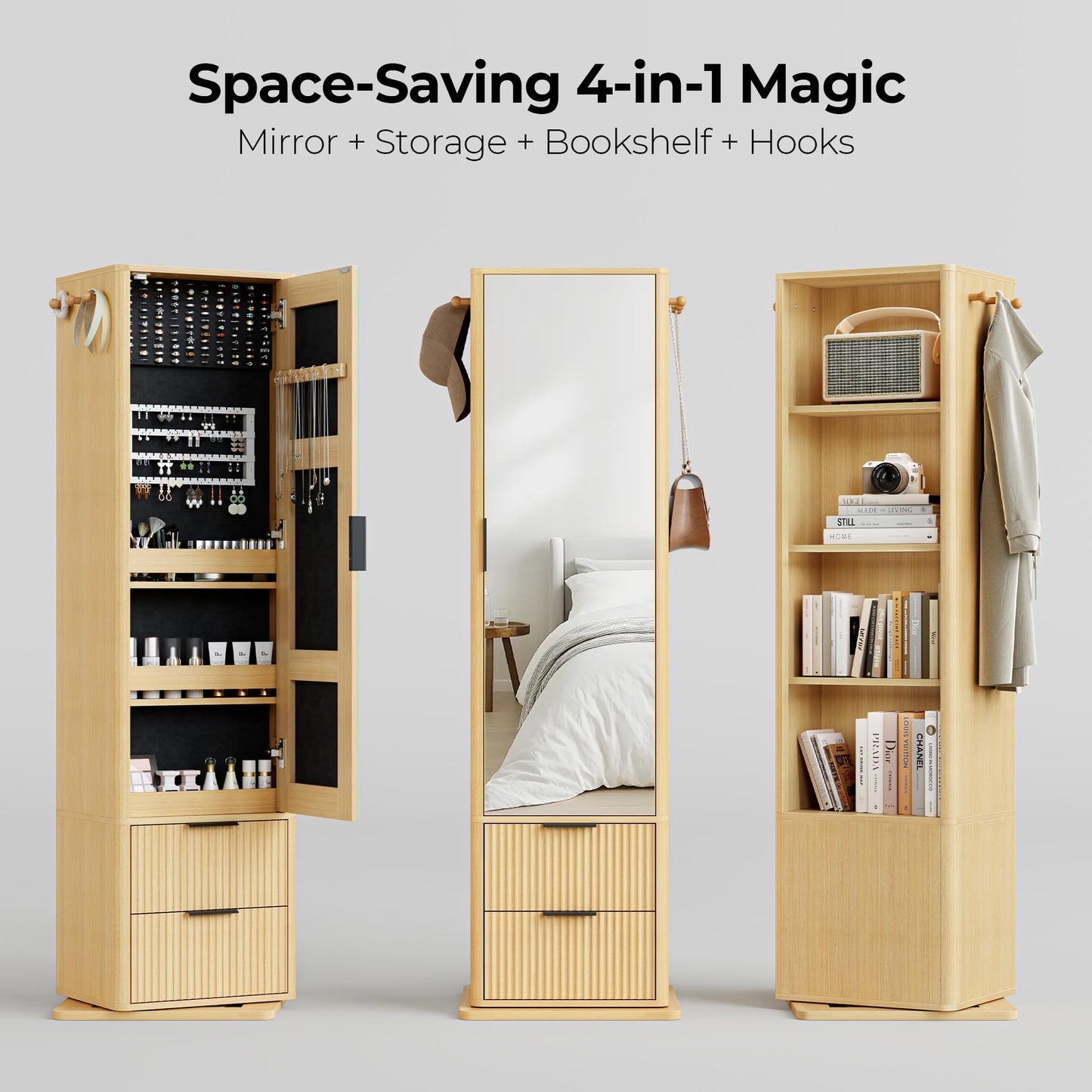 IRONCK 360° Rotating Full-Length Mirror Cabinet with Jewelry Storage, 4-Shelf Bookcase & Hooks, Wave Design, Under 20x20 inches for Small Spaces, Oak