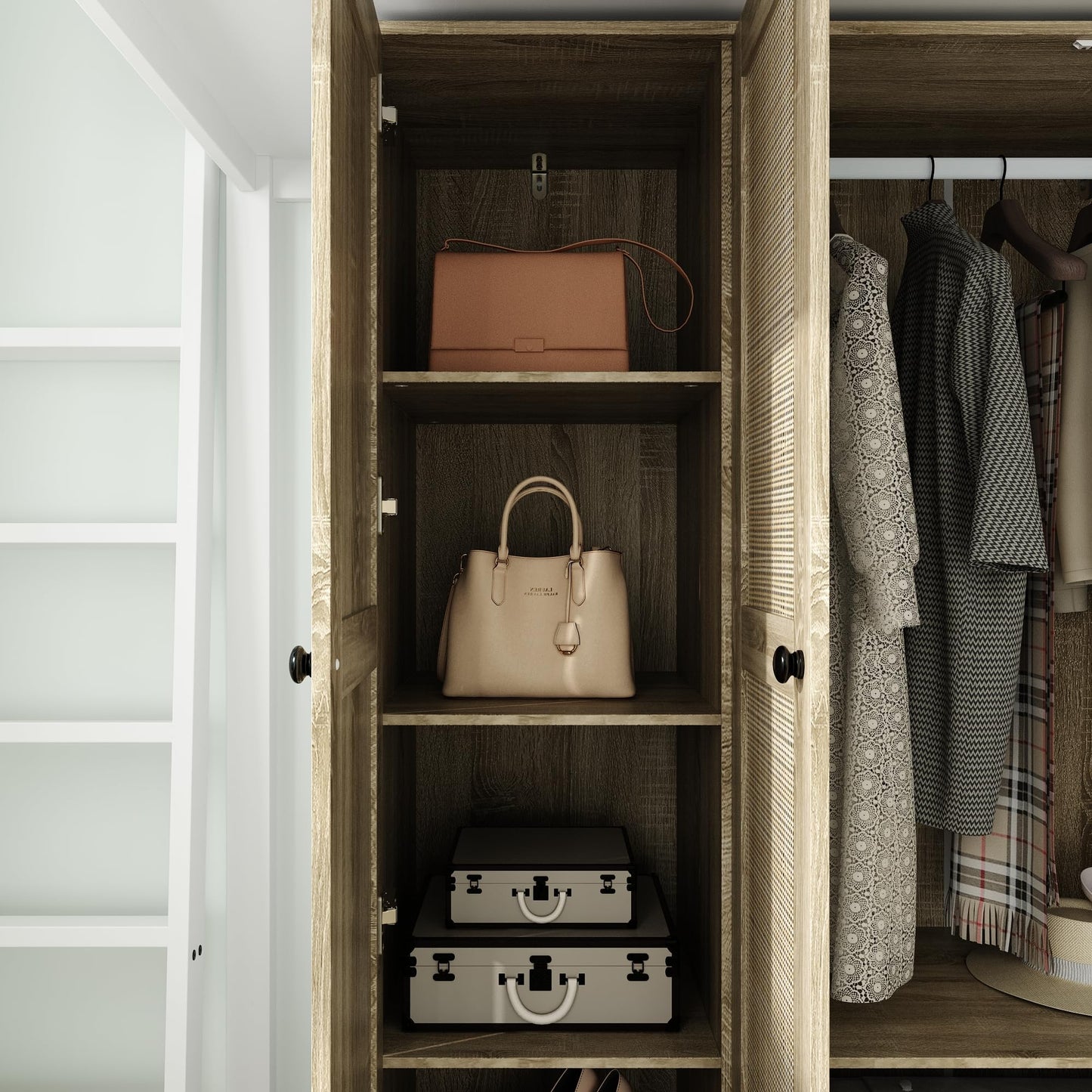 Hitow Ratten Wardrobe Armoire Closet, 3 Door Rattan Closet Wardrobe Cabinet with 3 Drawers & Hanging Rod, Storage Wardrobe Armoire Dresser for Bedroom Organizer (47.2" W x 18.9" D x 70.9" H)