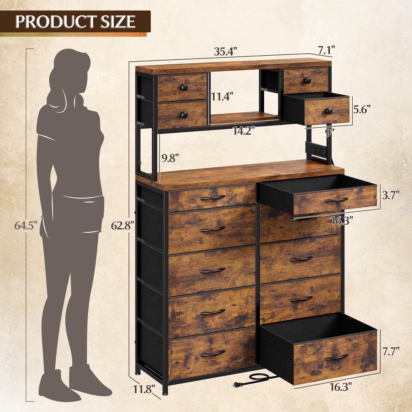 EnHomee Tall Dresser for Bedroom with 14 Storage Drawers,Fabric Dresser with Charging Station and LED Lights,Dressers & Chests of Drawers for Bedroom, Steel Frame & Wooden Top,Rustic Brown