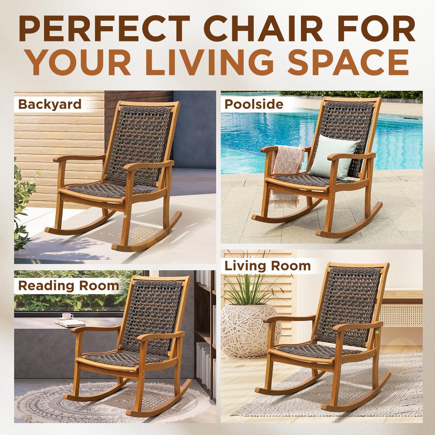 IDZO Wood Wicker Rocking Chair, 400 lbs Capacity, Durable Eucalyptus Wood, Natural Finish, Comfortable Curvy Design, Ideal for Deck, Patio Furniture, and Outdoor Furniture Accent Chair