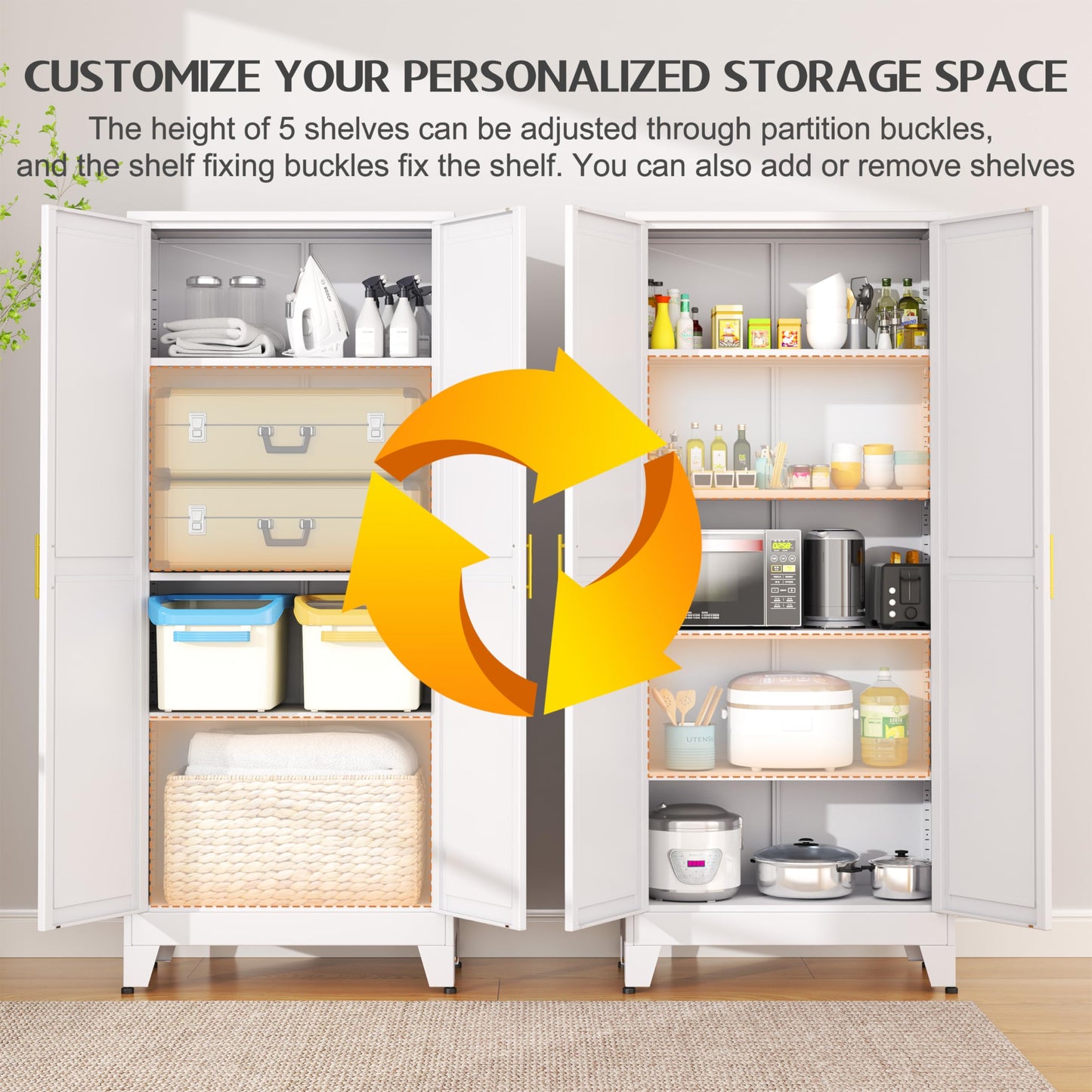 GAIOUS 75.2" Tall Pantry Cabinet, Kitchen Pantry Storage Cabinets with 2 Door and 5 Adjustable Shelves, White Metal Pantry Storage Cabinet, Cupboard for Kitchen, Dining Room, Living Room and Bathroom