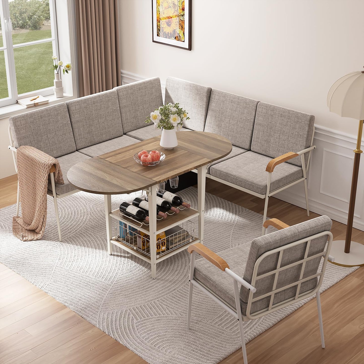 VFK 3 Piece Dining Table Set, 51 Inch Modern Kitchen Folding Breakfast Table with Right Seat Storage Corner Stools and Dining Chairs for Home Dining Room Furniture