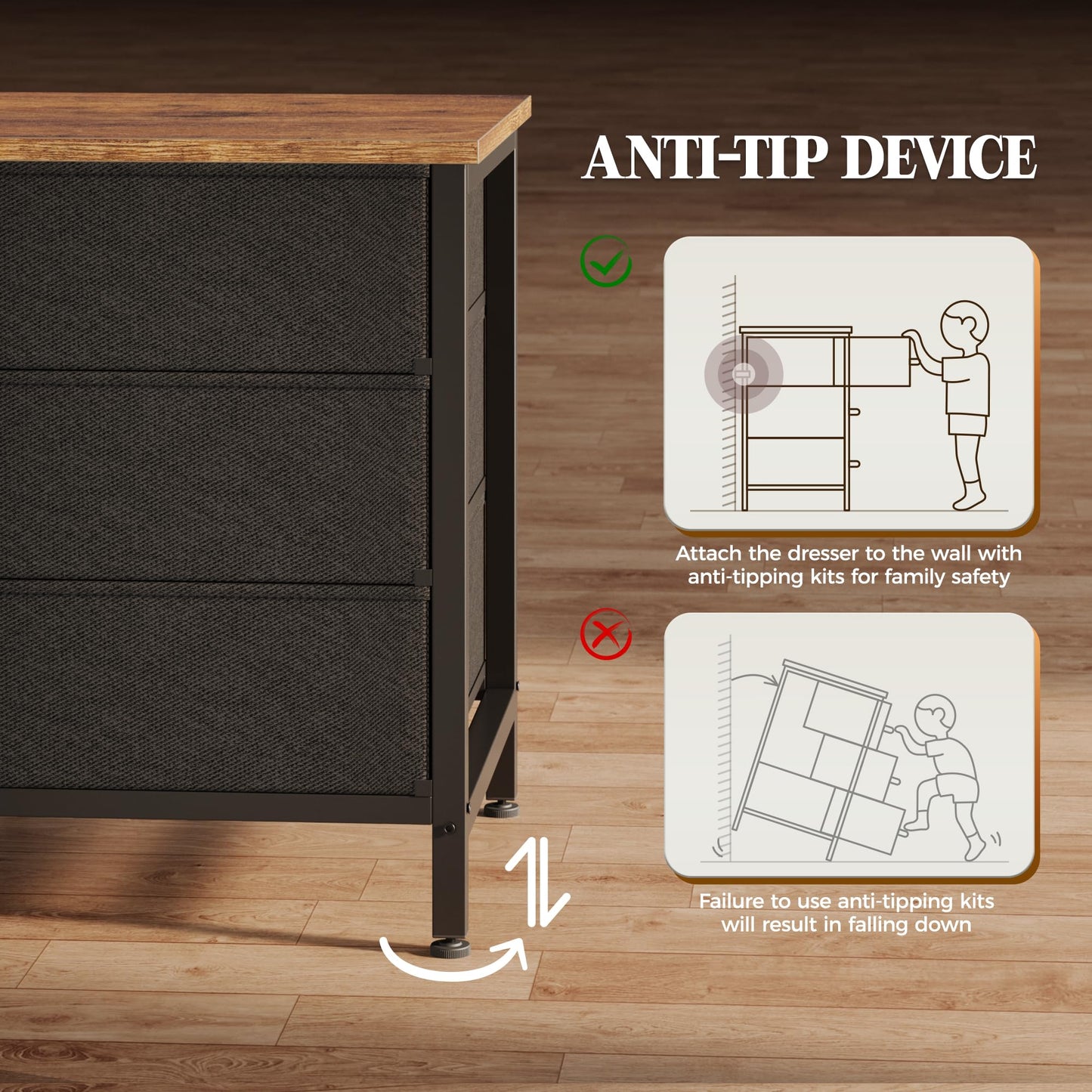 Huuger 63 Inch Dresser for Bedroom, Long Dresser with 10 Fabric Drawers, TV Stand for 55, 65, 70 Inch TV, Toy Storage Organizer for Closet, Rustic Brown