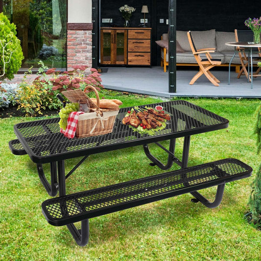 Anqtovp 6 ft. Heavy-Duty Steel Outdoor Picnic Table with Umbrella Pole,Rectangular Weather-Resistant Dining Table for Backyard,Black