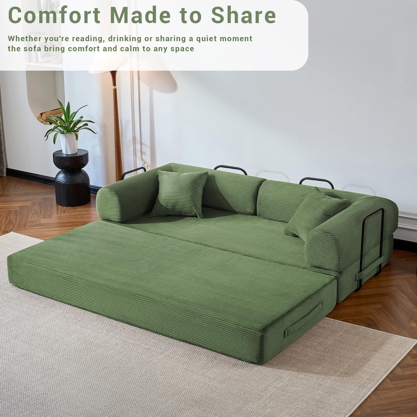 NNQ Compressed Sofa - Convertible Sofa Bed, Corduroy Compression Boneless Couch in a Box, Comfy Modular Foldable Floor Sleeper Sofa for Bedroom, Living Room (Corduroy Fabric, Olive Green)