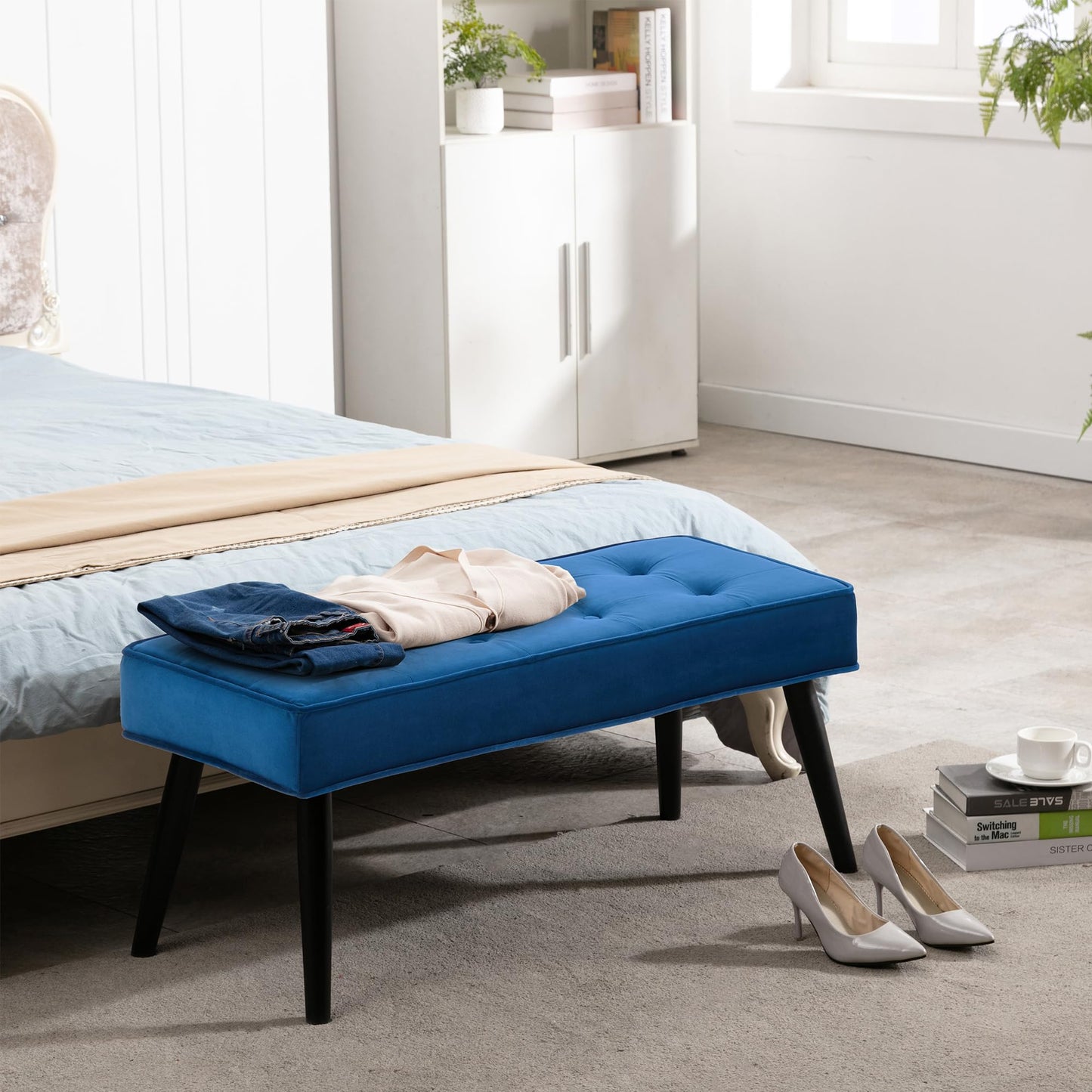 LOULENS 40'' Velvet Tufted Ottoman Bench, Modern Upholstered End of Bed Bench, Comfortable Entryway Bench with Wood Legs, Accent Footrest for Living Room, Dark Blue