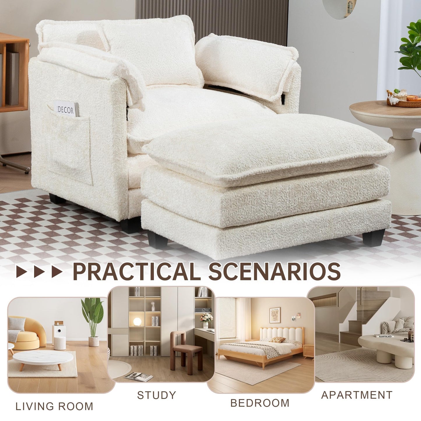 KEIKI Boucle Accent Chair with Storage & Ottoman, Oversized Reading Arm Chair w/Double Cushion, Modern Side Deep Seating Chairs Set, Corner Comfy Lounge Armchair for Living Room, Bedroom, White