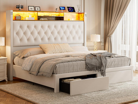 CIKUNASI Upholstered King Size Bed with Headboard & Storage - 60" Tall with 2 Drawers, Tufted Wingback Bed w/ LED Light & Charging Station - No Box Spring Needed