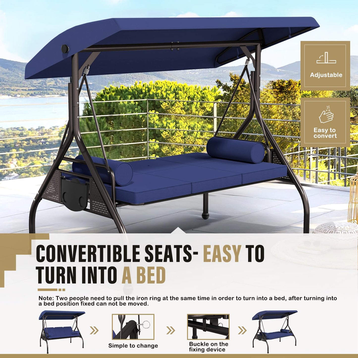 Betterland 3-Seat Patio Swing Chair, Outdoor Porch Swing with Cushions,Pillows & Cup Holders, Adjustable Canopy Outside Bench Swing for Porch，Backyard,Garden(Blue)