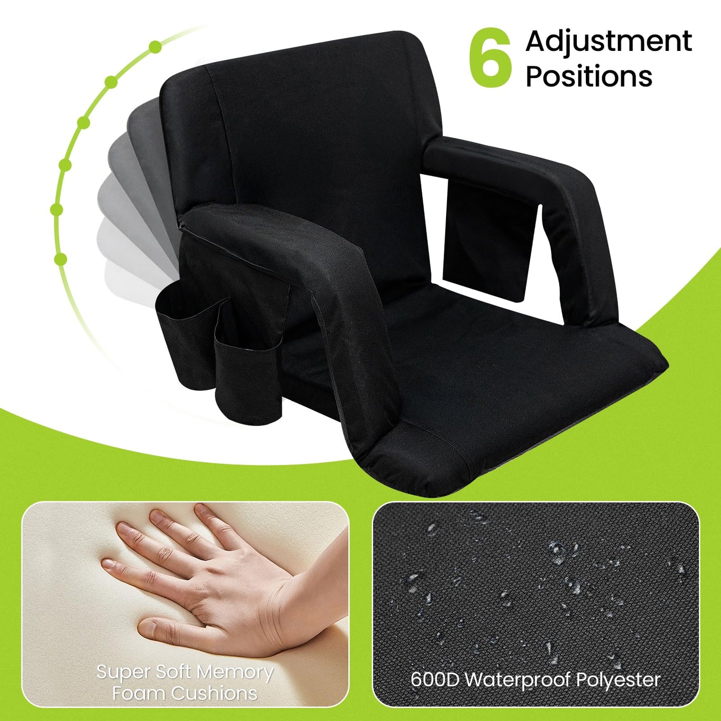 Stadium Seats with Back Support, Wide Bleacher Chairs with Back and Cushion, Armrests, 4 Pockets, Portable Reclining Bleacher Seats for Sport Events, Beaches, Camping, Concerts