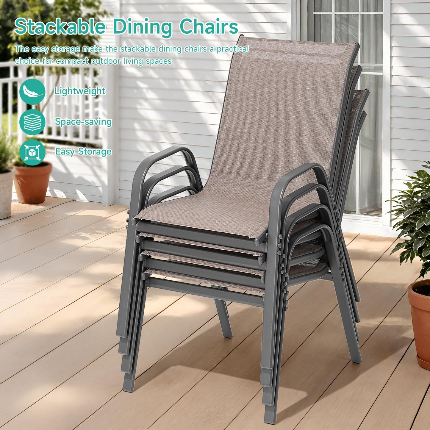 Dovov Patio Chairs Set of 4, Easily Set Up Stackable Outdoor Dining Chairs with High Back and Wide Seat, All Weather Breathable Outdoor Chairs Set of 4 with Metal Frame for Backyard Deck Pool, Brown