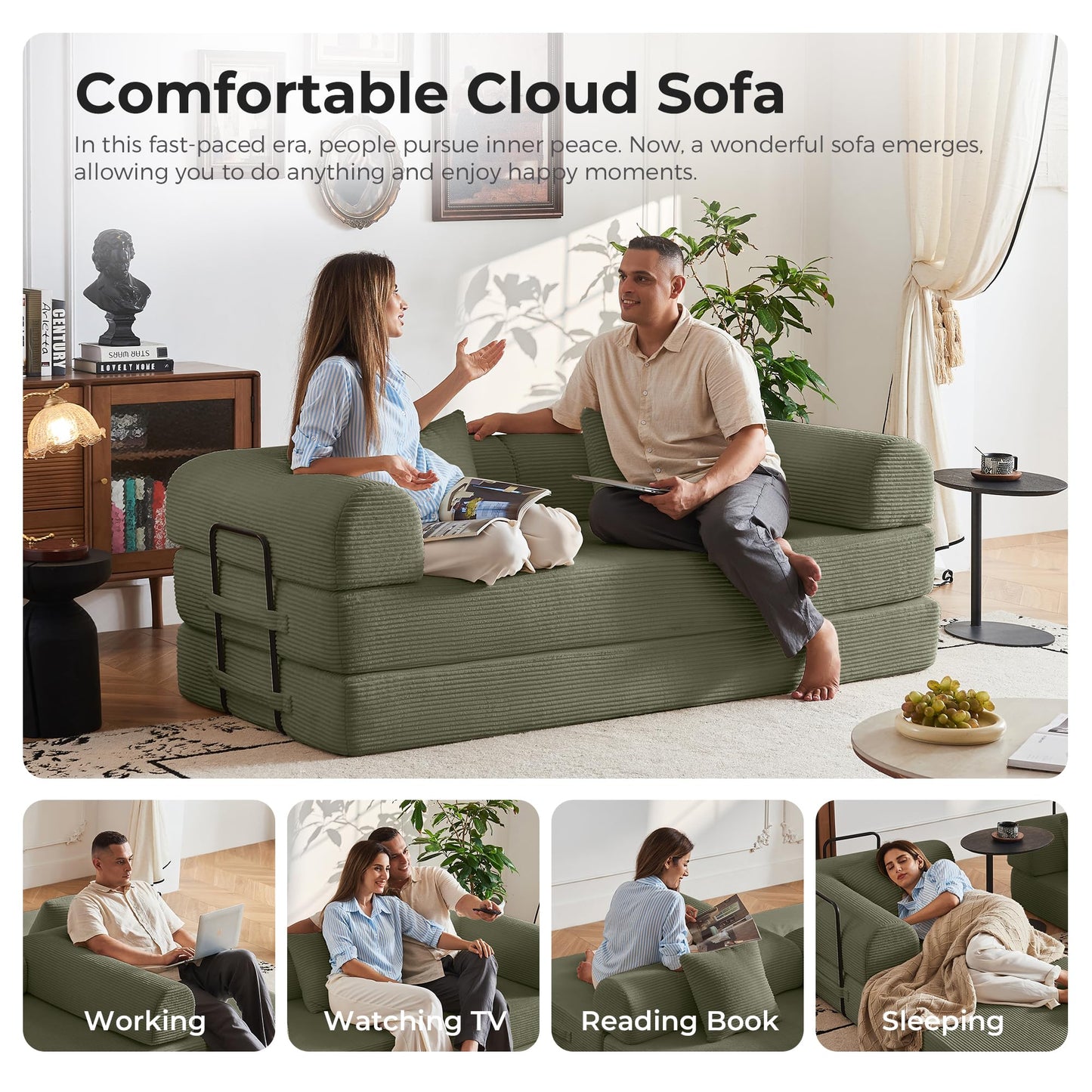 Bsxupke 79" Compression Sofa, Convertible Sleeper Sofa Bed, Couch Bed with Fixed-Shape Frame, Corduroy Floor Sofa, Couches for Living Room with 2 Pillows, No Assembly Required, Green