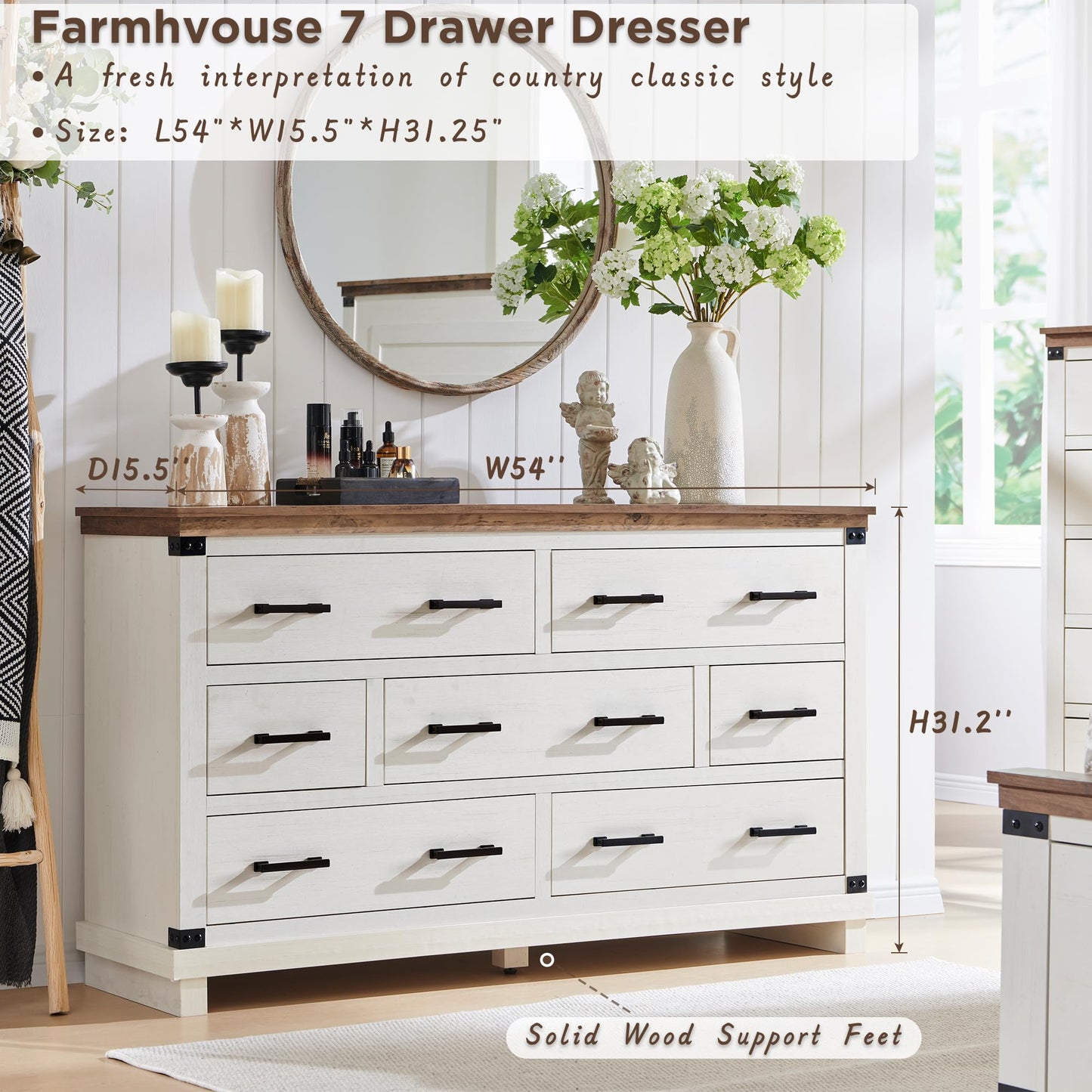 T4TREAM Farmhouse 7 Drawers Dresser for Bedroom, 54" Wide Wood Chest of Drawers w/Natural Texture & Metal Handle, Rustic Storage Dressers Organizer for Living Room, Hallway, Antique White
