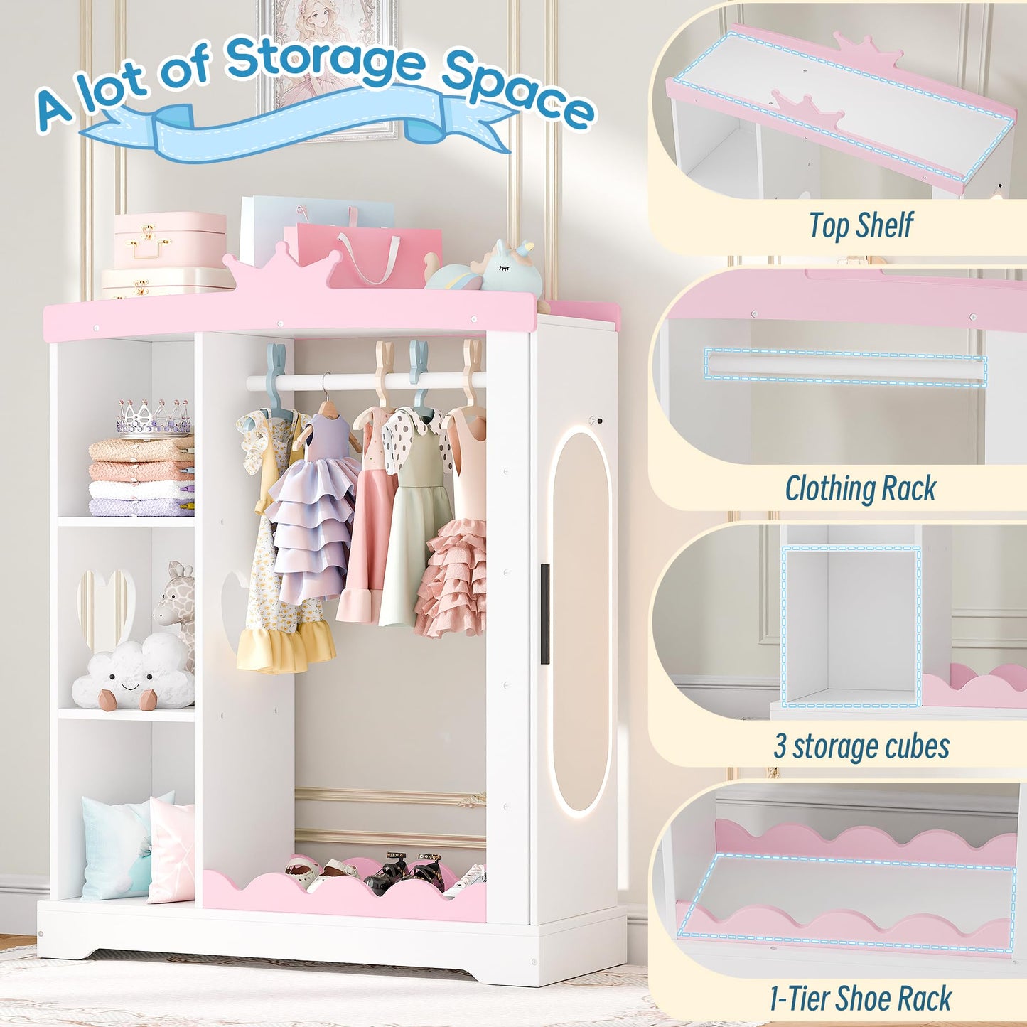 Betterhood Kids Closet with Jewelry Cabinet, Dress up Storage with Shelves&Mirror, Costumes Wardrobe Closet with Hanging Rack for Toddlers,Organizer for Bedroom, (Kids' Armoires, White)