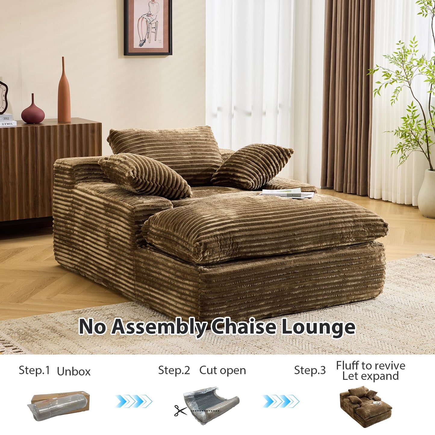 67" Boneless Chaise Lounge Chair Indoor, Oversized Corduroy Upholstered Sofa Bed, Deep Seat Sleeper Couch Reading Chairs Cloud Sofas Couches for Living Room Bedroom, No Assembly Required, Brown