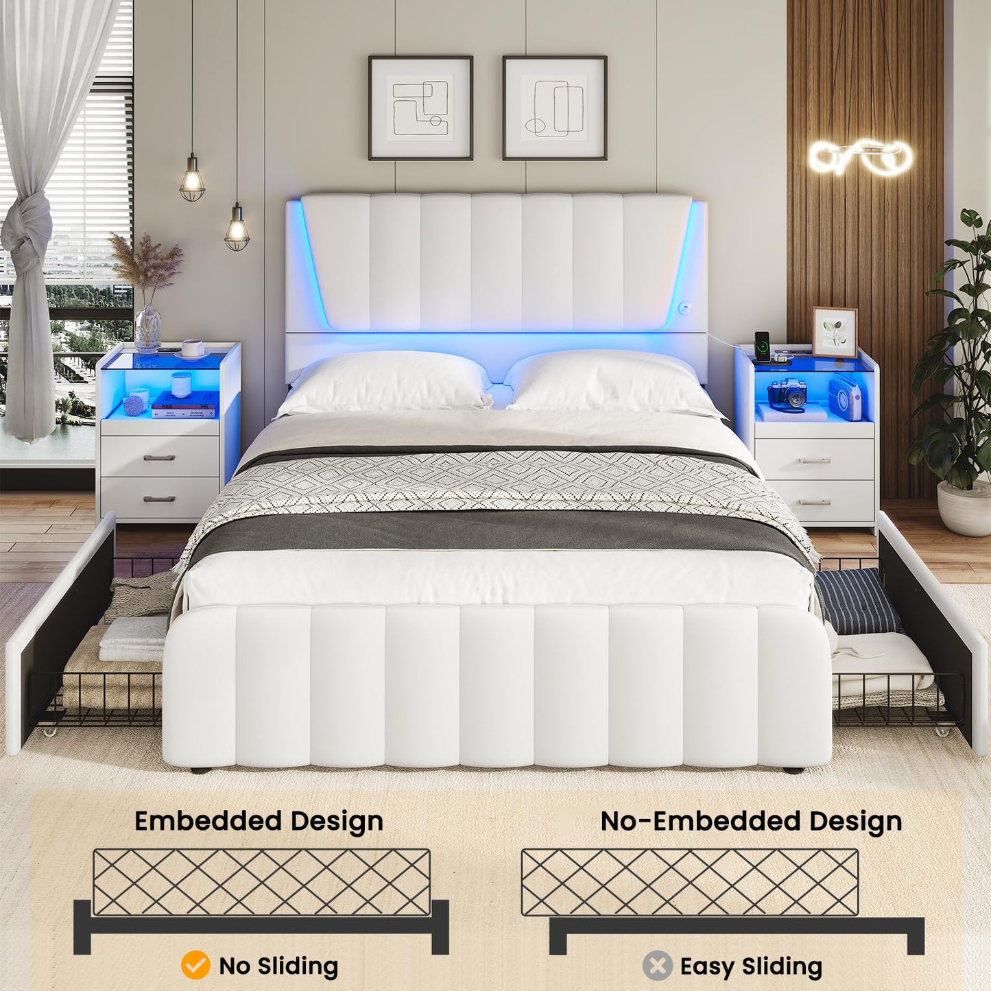 AOGLLATI Queen Bed Frame with Headboard and 4 Storage Drawers, White Platform Bed Frame Queen Size with Led Light & 2 USB Ports, Queen Size Bed Frame with Wooden Slats Support, No Box Spring Needed