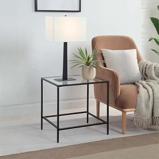 CAWS 22" W Black End Table, Tempered Glass Rectangle Side Table, Night Stand, Modern Minimalist Table, 21.97"L x 18"W x 22"H