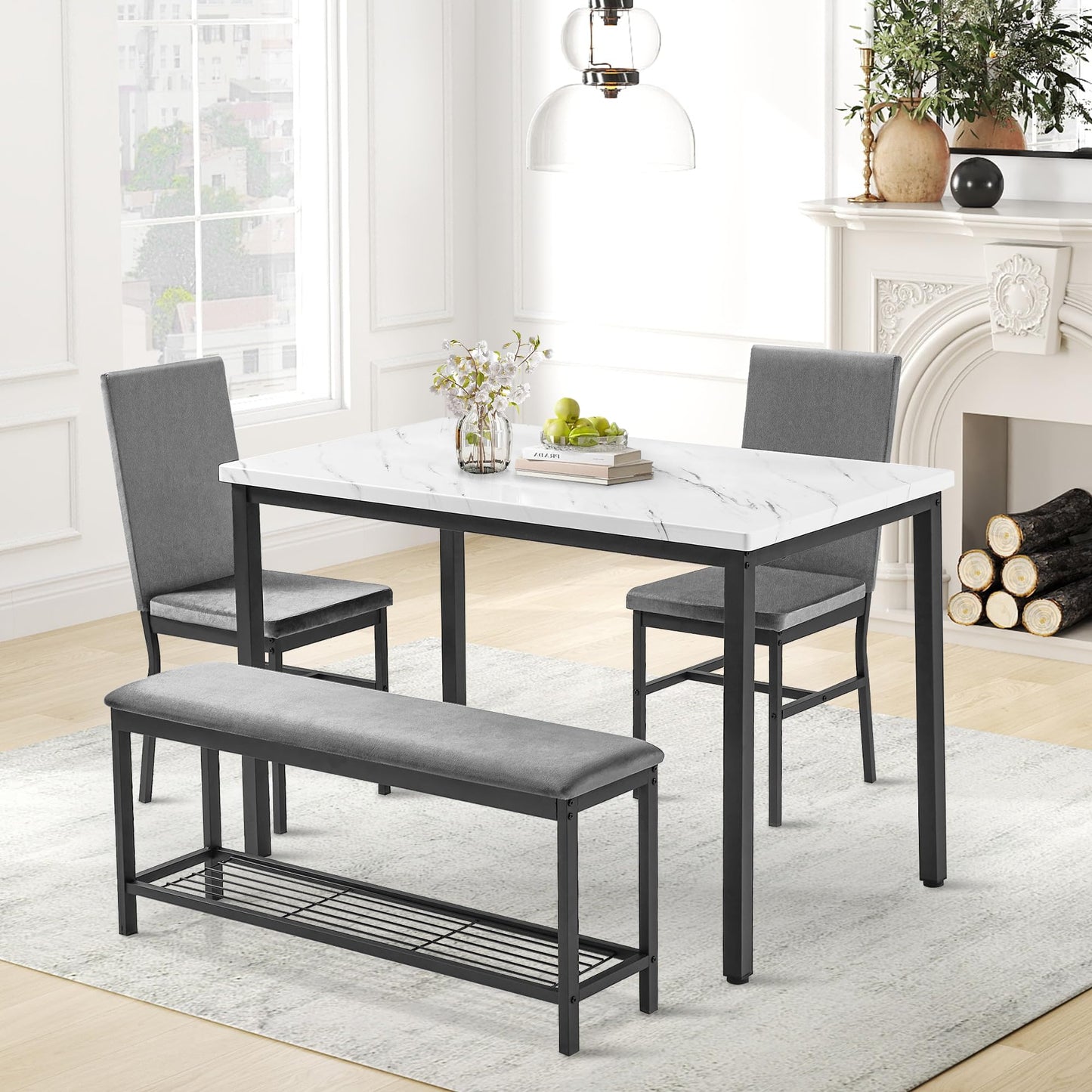 COCLUB Dining Table Set for 4, 47.2" Faux Marble Kitchen Table Set with Upholstered Velvet Chairs and Bench, 4-Person Rectangular Space Saving Dinette Set for Apartment, Restaurant, Home (Gray)