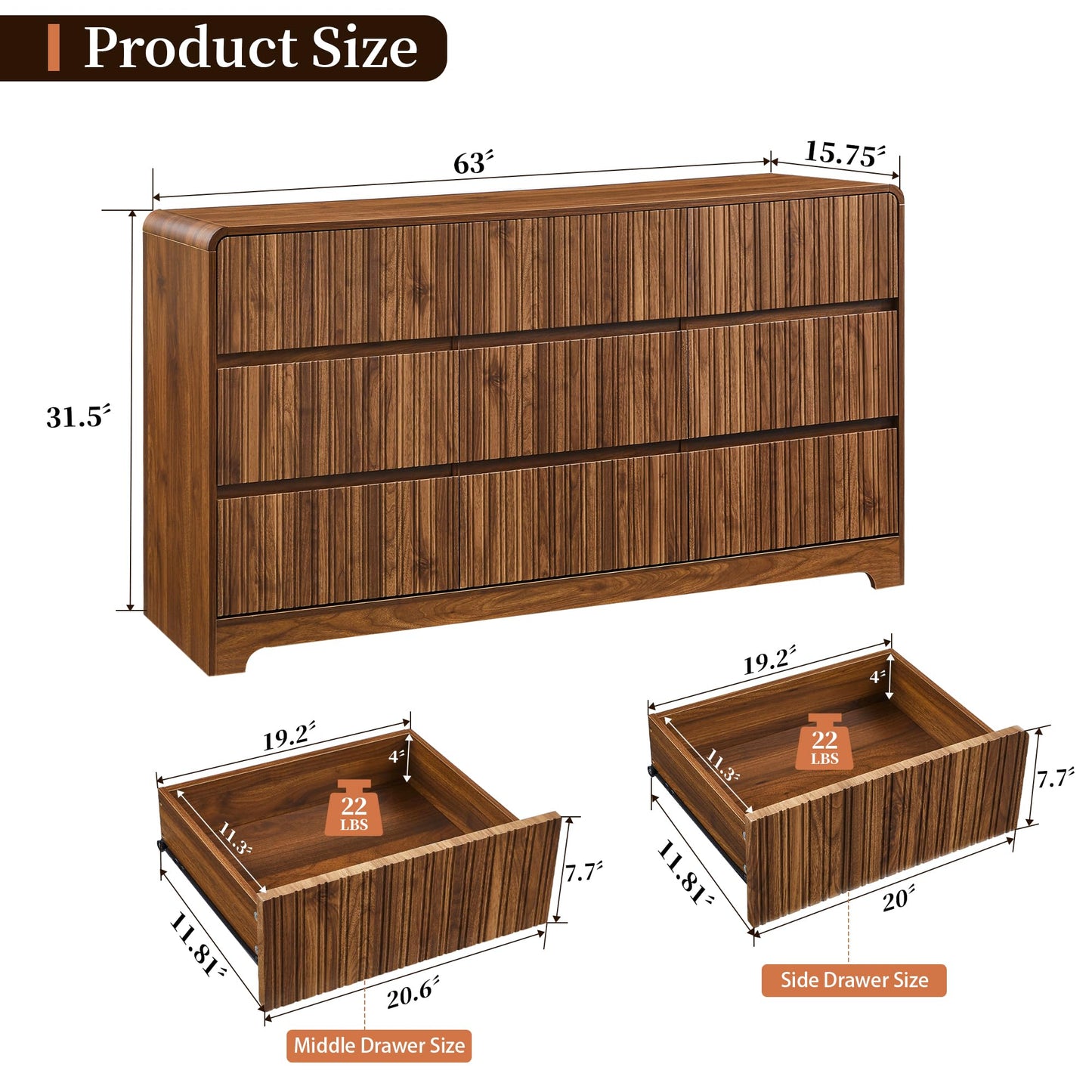 BERRYMERRY Fluted Dresser for Bedroom with 9 Drawers,63" Wide Modern Chest of Drawers with Curved Profile & Deep Drawer,Large Wood TV Dresser for Bedroom Living Room