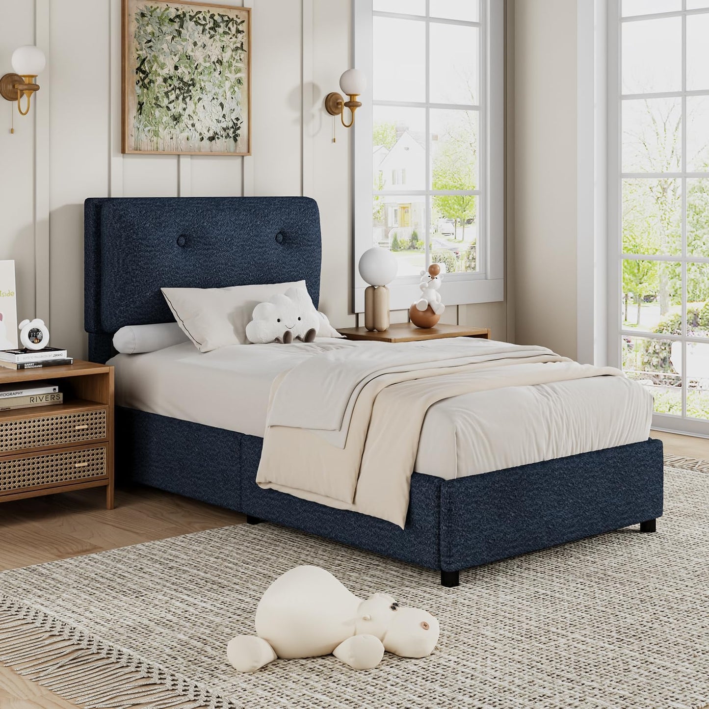 CHABUILDREARK Blue Twin Bed Frame, Upholstered Boucle Platform Bed with Headboard, Cloud Bed Frames with Soft Headboard, Wooden Slats Support, No Box Spring Needed, Easy Assembly, Navy Blue