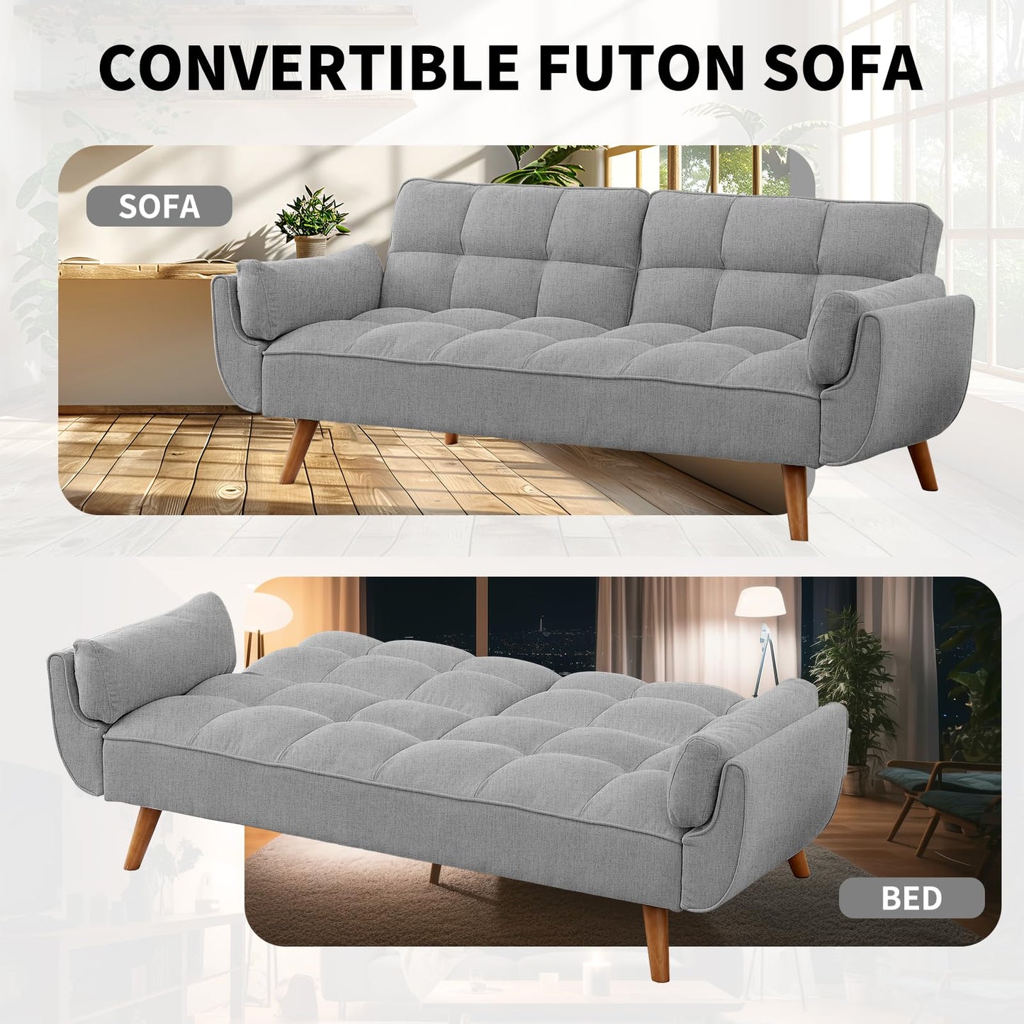 Homies Life Convertible Futon Sofa Bed, Linen Sleeper Couch, 75" W Modern 3 Seater Tufted Sofa with Adjustable Backrests and Solid Wood Legs for Living Room, Bedroom, Small Space, Gray