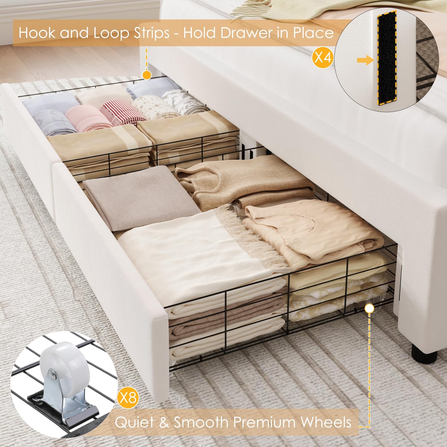 Keyluv Full Princess Bed Frame with Storage Drawers, Soft Velvet Upholstered LED Platform Bed with Adjustable Modern Shell Headboard, No Box Spring Needed, Noise-Free, Beige