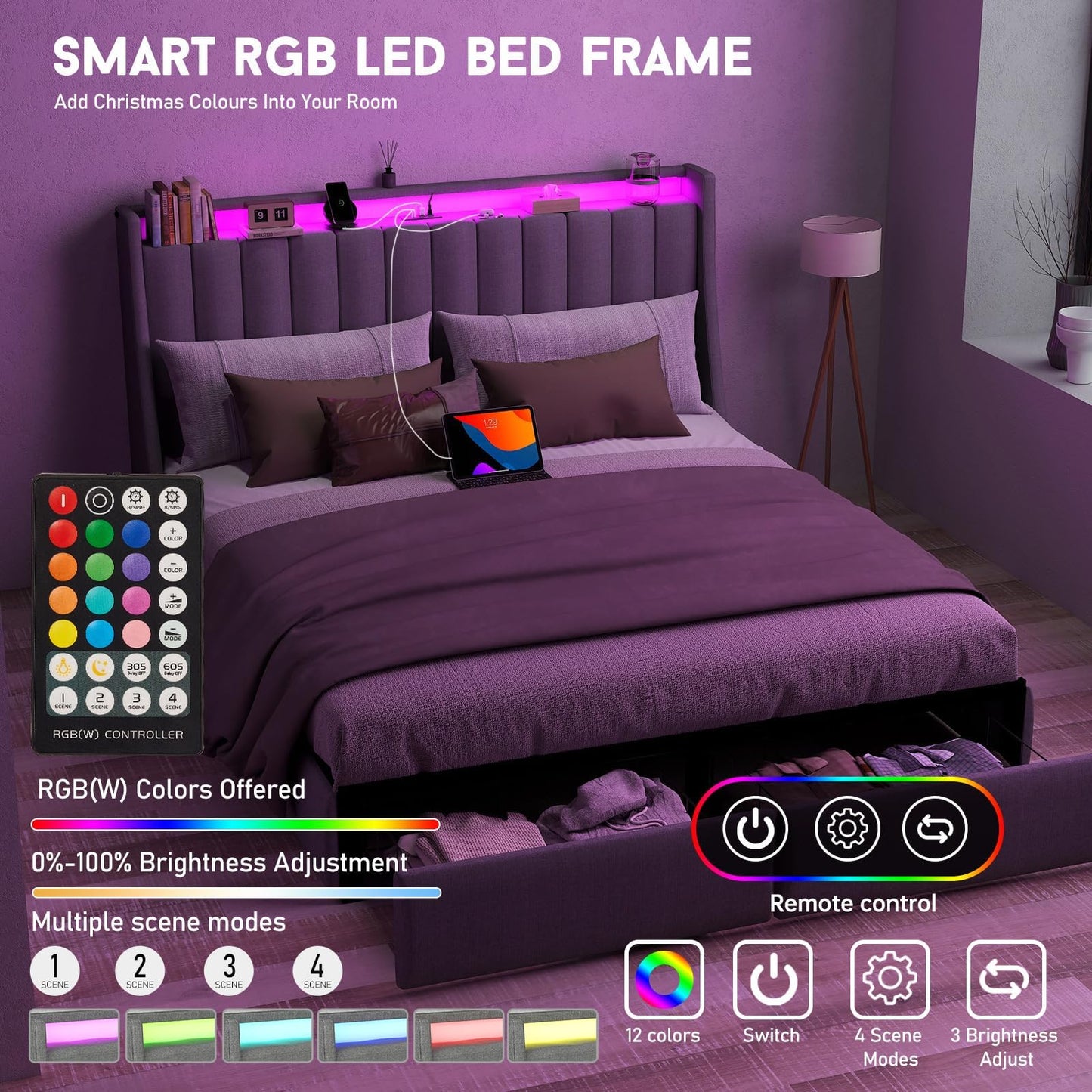 Queen Bed Frame with Headboard and 2 Storage Drawers, Platform Bed Frame Queen Size Upholstered with LED Lights and Charging Station, Steel Slat Support, No Box Spring Needed, Easy Assembly, Gray