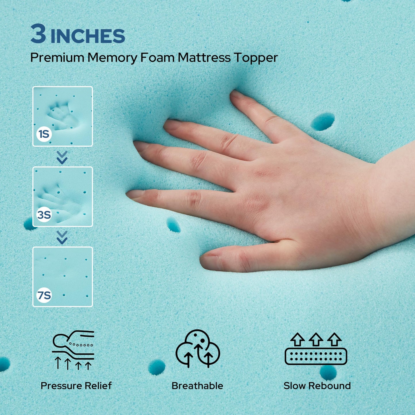 BEDLORE Queen Mattress Topper, 3 Inch Gel Memory Foam Mattress Pad with Straps for Back Pain Relief, Breathable & Non-Slip with Removable Washable Cover