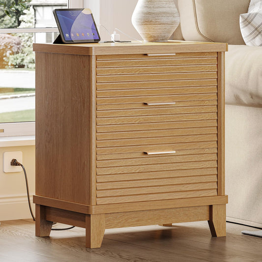 AOGLLATI Fluted Night Stand with Charging Station and 3 Drawers, Wood Nightstands Beside Table with Slanted Louvered Design,Retro End Side Table for Bedroom (1, Wood)