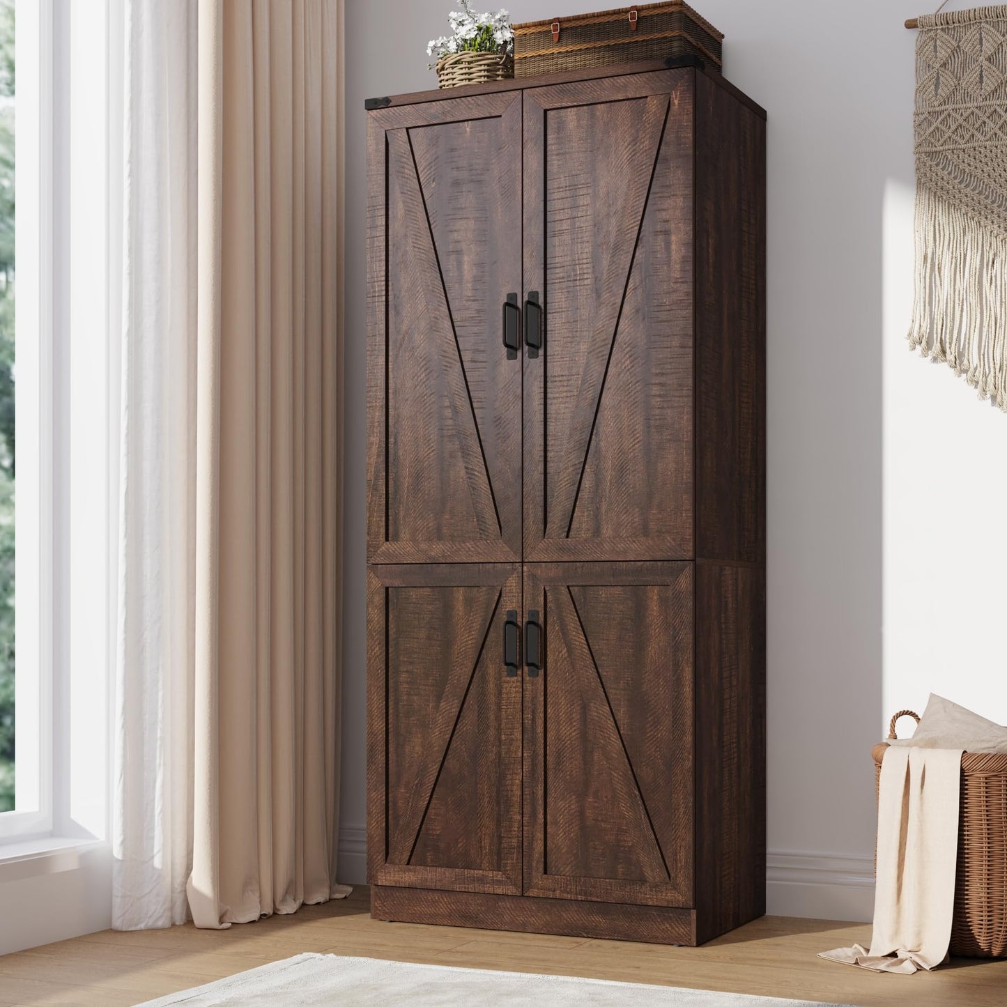 Hlivelood 75" Tall Farmhouse 2 Doors Armoire Wardrobe Closet with LED,Freestanding Closet Wardrobe Cabinet for Bedroom with Hanging Rod,Wooden Armoire Storage Cabinet with Adjustable Shelves(Brown)