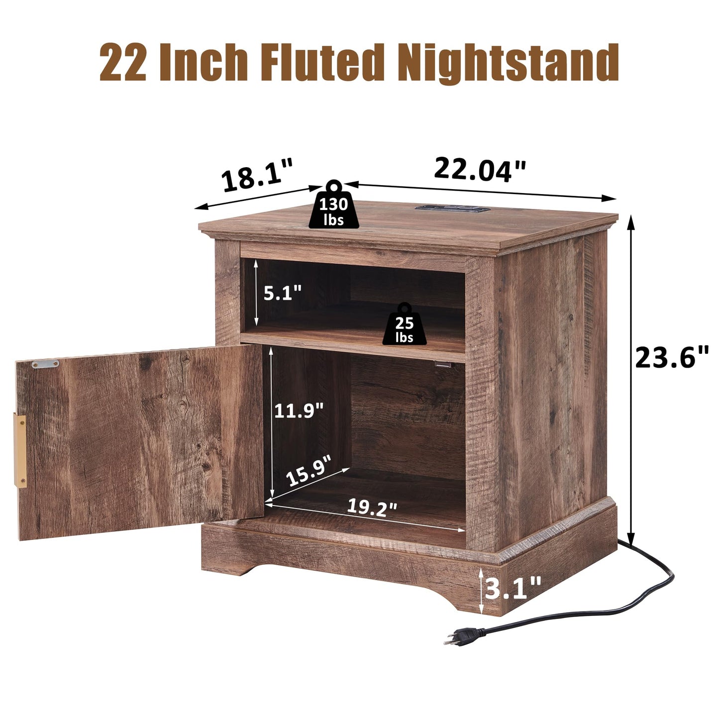 Aitjunz Fluted Nightstand Set of 2, 22" Large Modern Side Table with Charging Station, Wood End Table w/Open Shelf, Bedside Table with Storage Space for Bedroom, Living Room (Light Brown)