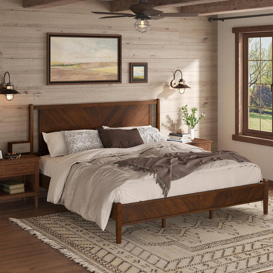 Cozyman Bed Frame King Size and Headboard, Acacia Wood, No Box Spring Needed, Herringbong Pattern, 800 lbs, Non-Slip Without Noise, Walnut