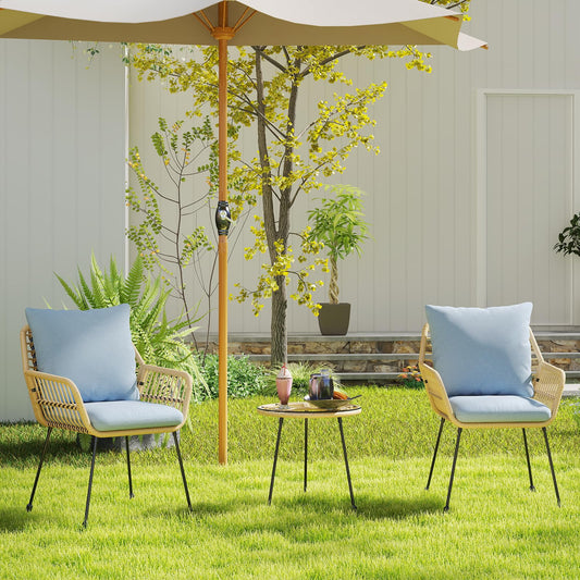 DAYARUS 3 Pieces Patio Bistro Set, Upholstered Rattan Outdoor Chairs with Coffee Table, Metal Frame Bistro Table and Chairs Set of 2, Modern Patio Conversation Set for Porch/Yard/Pool, Blue