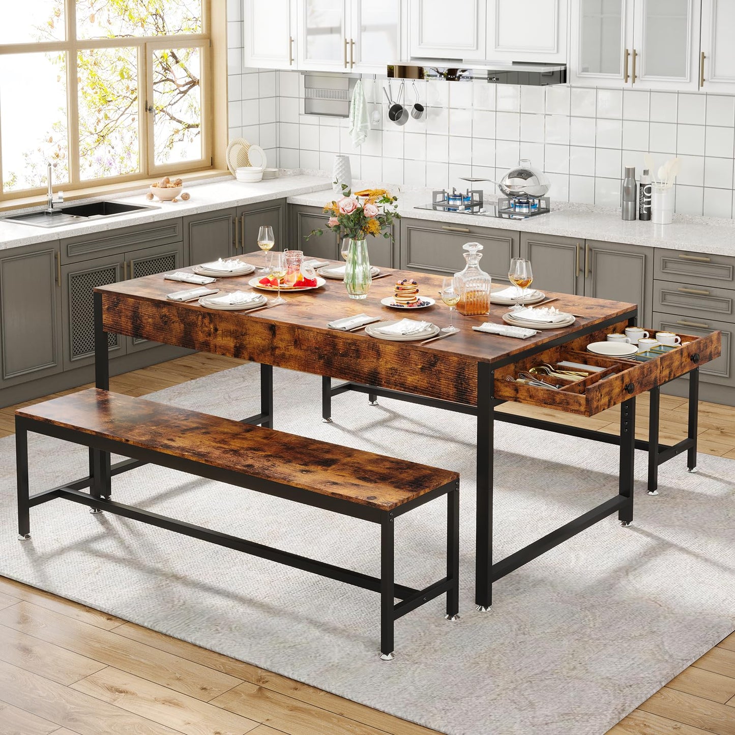 Loomie 63" Dining Table Set for 4-6, 3-Piece Kitchen Table with 2 Utensil Drawers, 2 Benches & Wine Rack, Modern Space Saving & Heavy Duty Dinner Table Set with Metal Frame & MDF Board,Rustic Brown