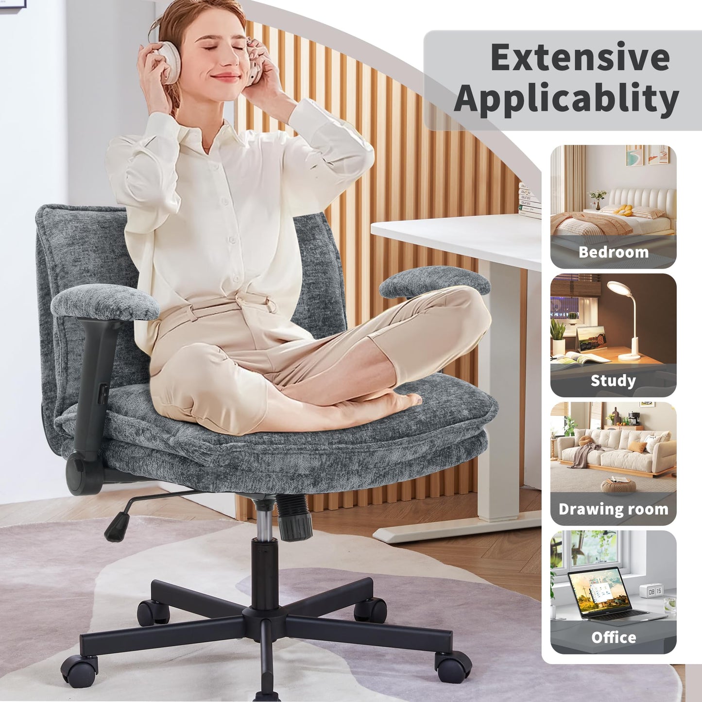 FanciSpot Cross Legged Office Chair with Wheels and Adjustable Flip-Arms, Criss Cross Desk Chair with Thick Cushion, Wide Seat Chair for Home Office, Apartment, Bedroom, Grey