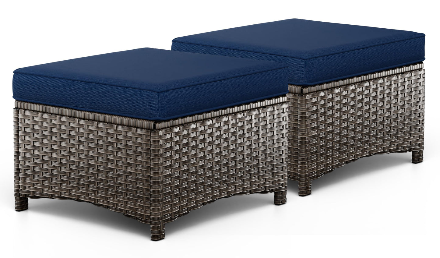 MaxMulti 2 Pieces Patio Ottomans, Outdoor Wicker Footrest Seat with Removable Cushions, Multipurpose Patio Furniture for Outdoor, Backyard and Deck Use (Blue)