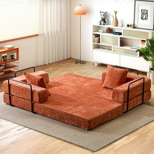 Convertible Folding Sleeper Sofa Bed, Boneless Couch with Fixed-Shape Frame, Compression Foam Sofa, Futon Foldable Mattress, Pull Out Couch Bed for Living Room Bedroom Lounge(Chenille, Orange)