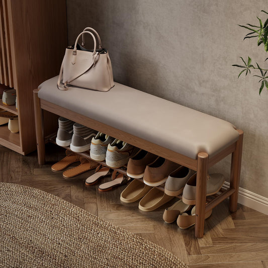 AQIMUELE Shoe Bench Entryway with Cushion, Solid Wood Bench with Shoe Storage, 2-Tier Shoe Rack Bench for Entryway,Hallway (Gray)