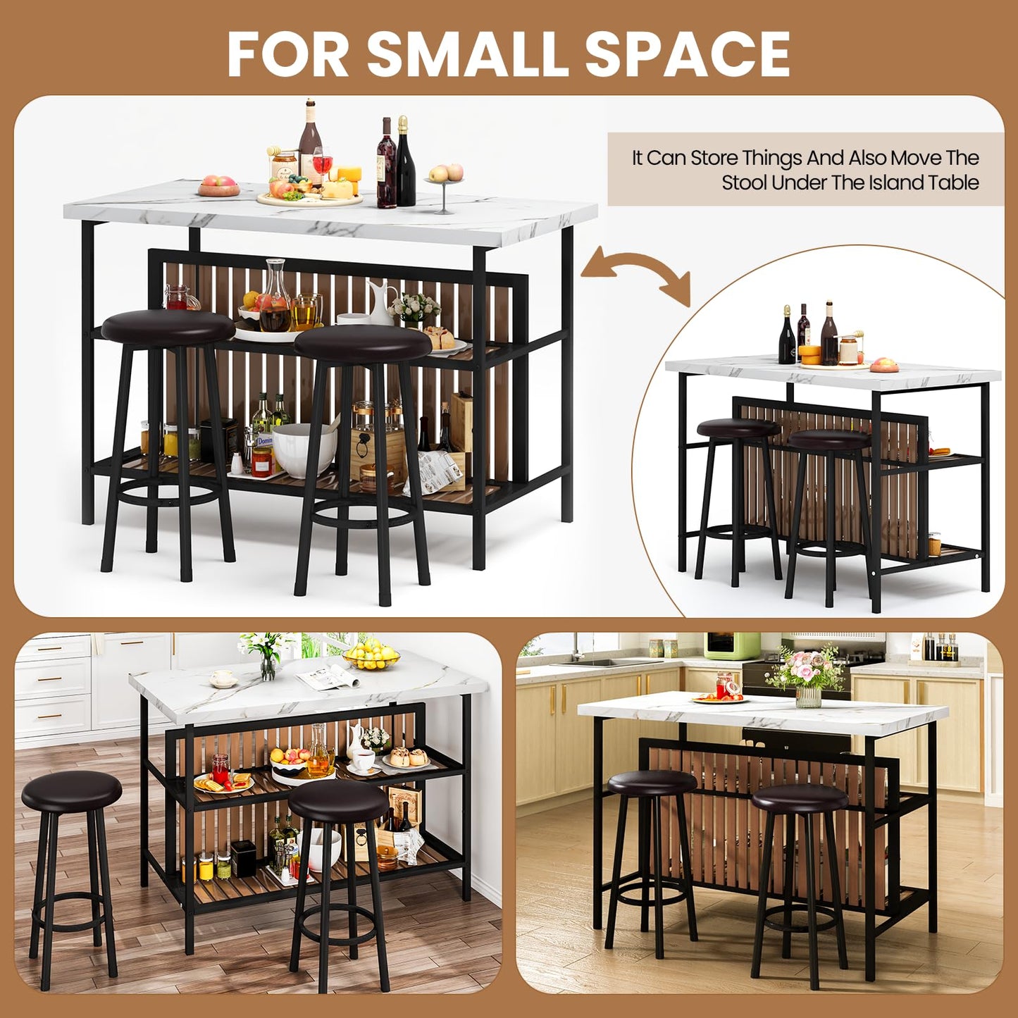 DKLGG Kitchen Island with Stools & Storage, Modern Dining Table Set for 2, 3 Piece Kitchen & Dining Room Sets Island Table for Small Space, Apartment, Home Bar, White