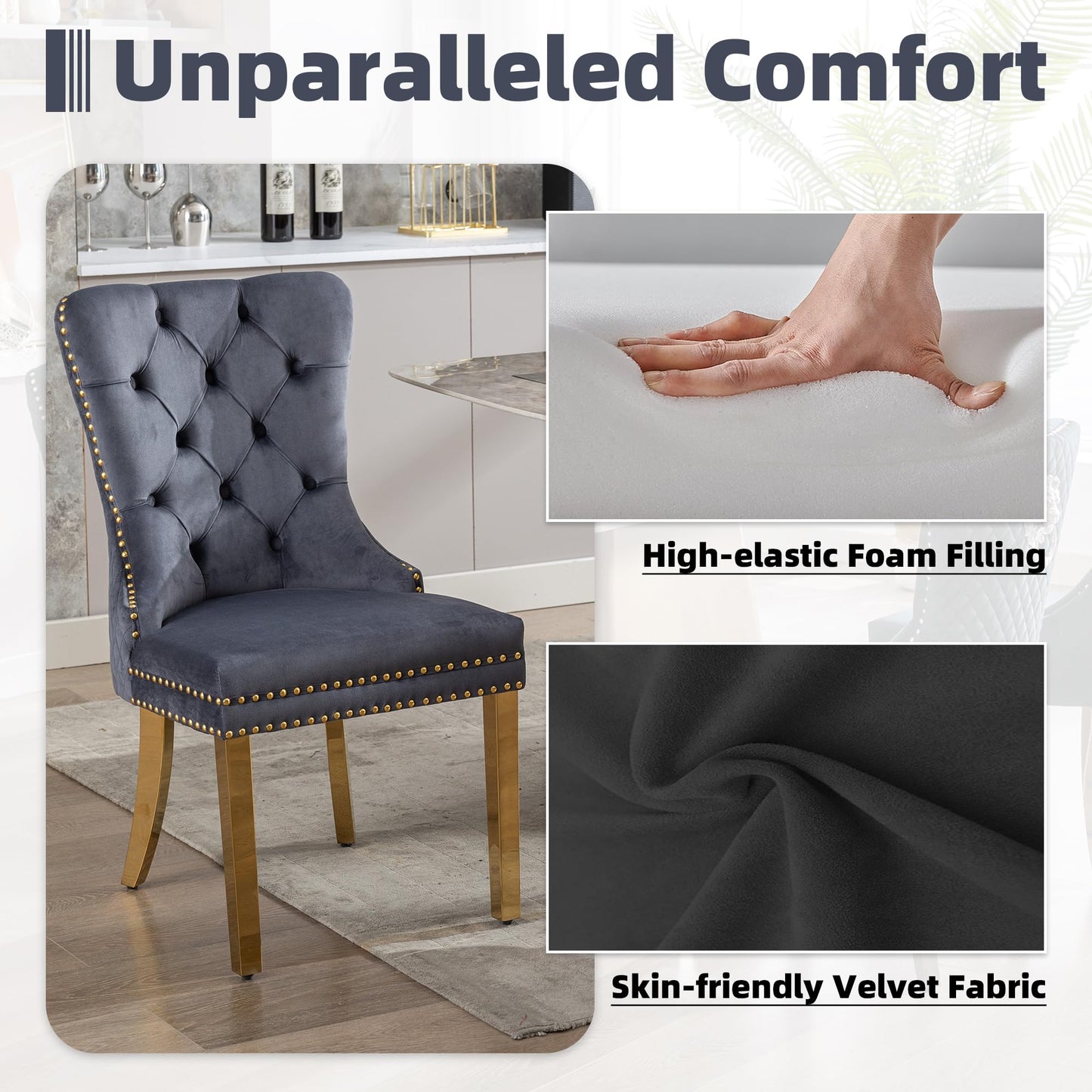 GOOLON Velvet Dining Chairs Set of 6, Upholstered Dining Room Chairs, Mid-Century Modern Chairs with Diamond Lattice Tufted Back, Lion Pull Ring Rivet Trim, Golden Metal Legs for Kitchen, Dark Grey