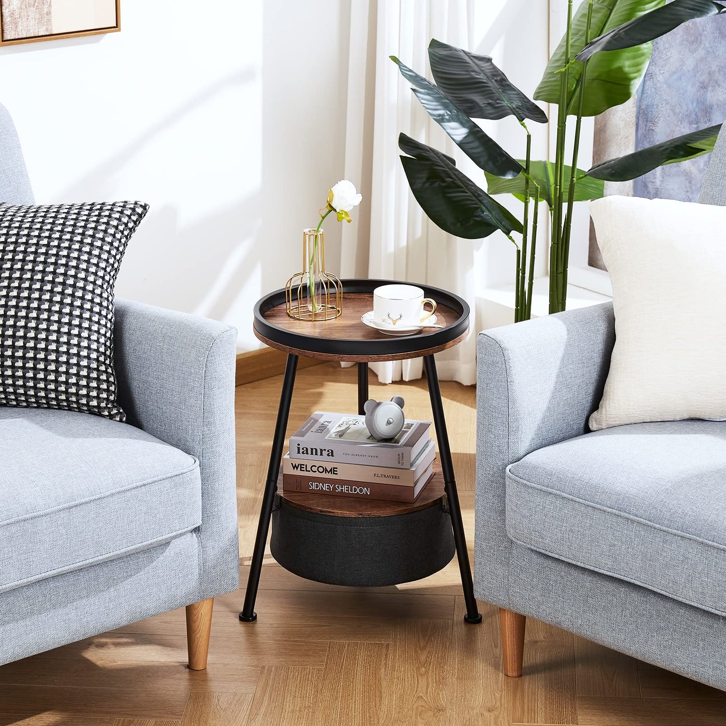 LEMONDA Small Round End Table, 2 Tier Round Side Table with Storage Basket,11.8”D*17.8”H Small Round Table,Sofa Side Table,Small Round Nightstand for Living Room Bedroom