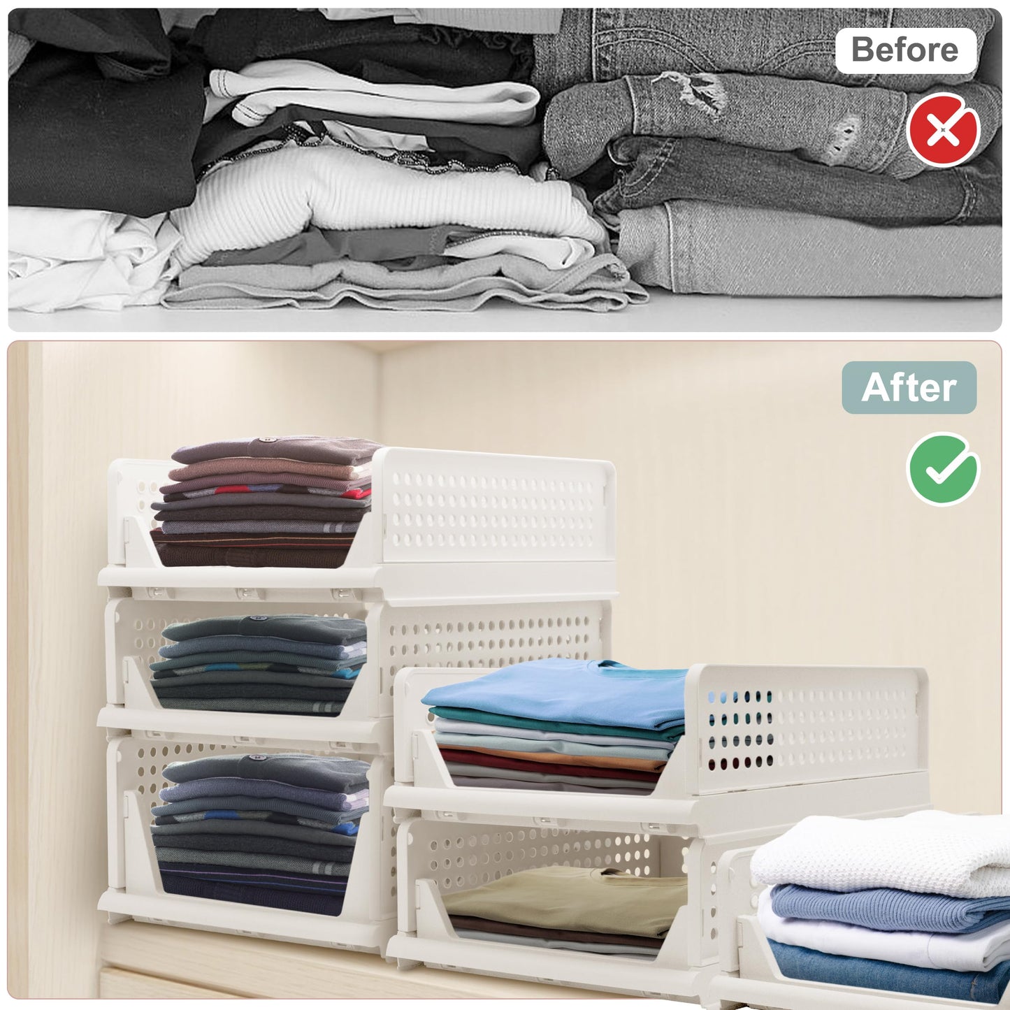 Stackable Foldable Storage Baskets, Folding Storage Bins, Closet Organizers and Plastic Drawer Shelf Storage Container for Wardrobe, Cupboard, Kitchen, Bathroom, Office (White, 4S)