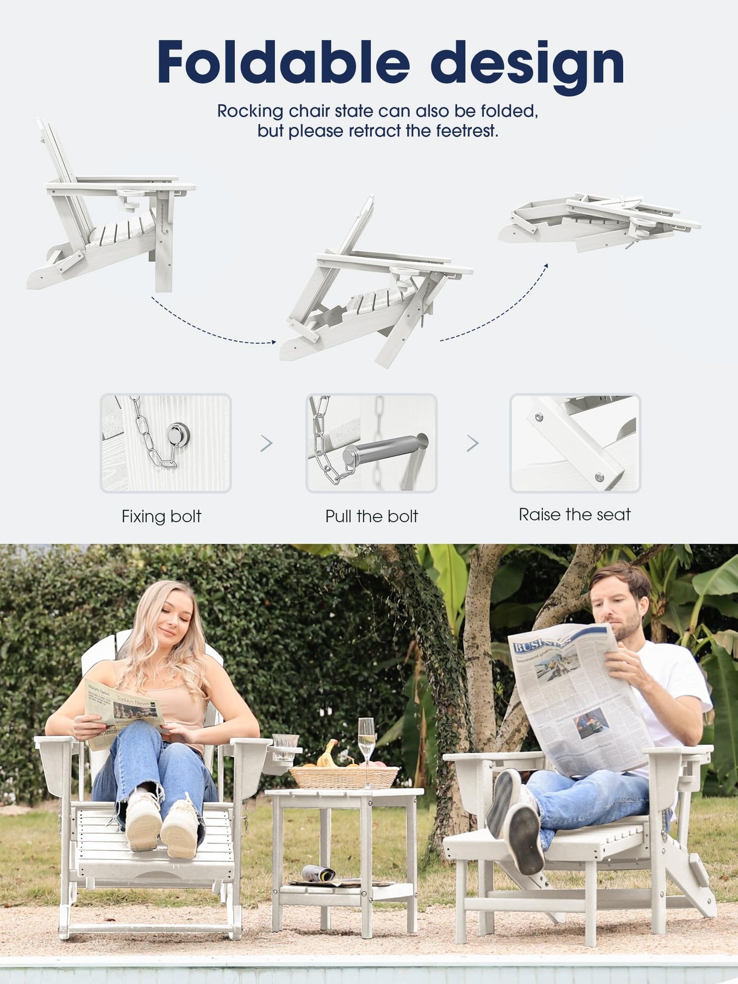 KINGYES Adirondack Rocking Chair with Retractable Ottoman and Cup Holders, HDPE Adirondack Rocker Patio Rocking Chair for Porch, Patio, Balcony, White