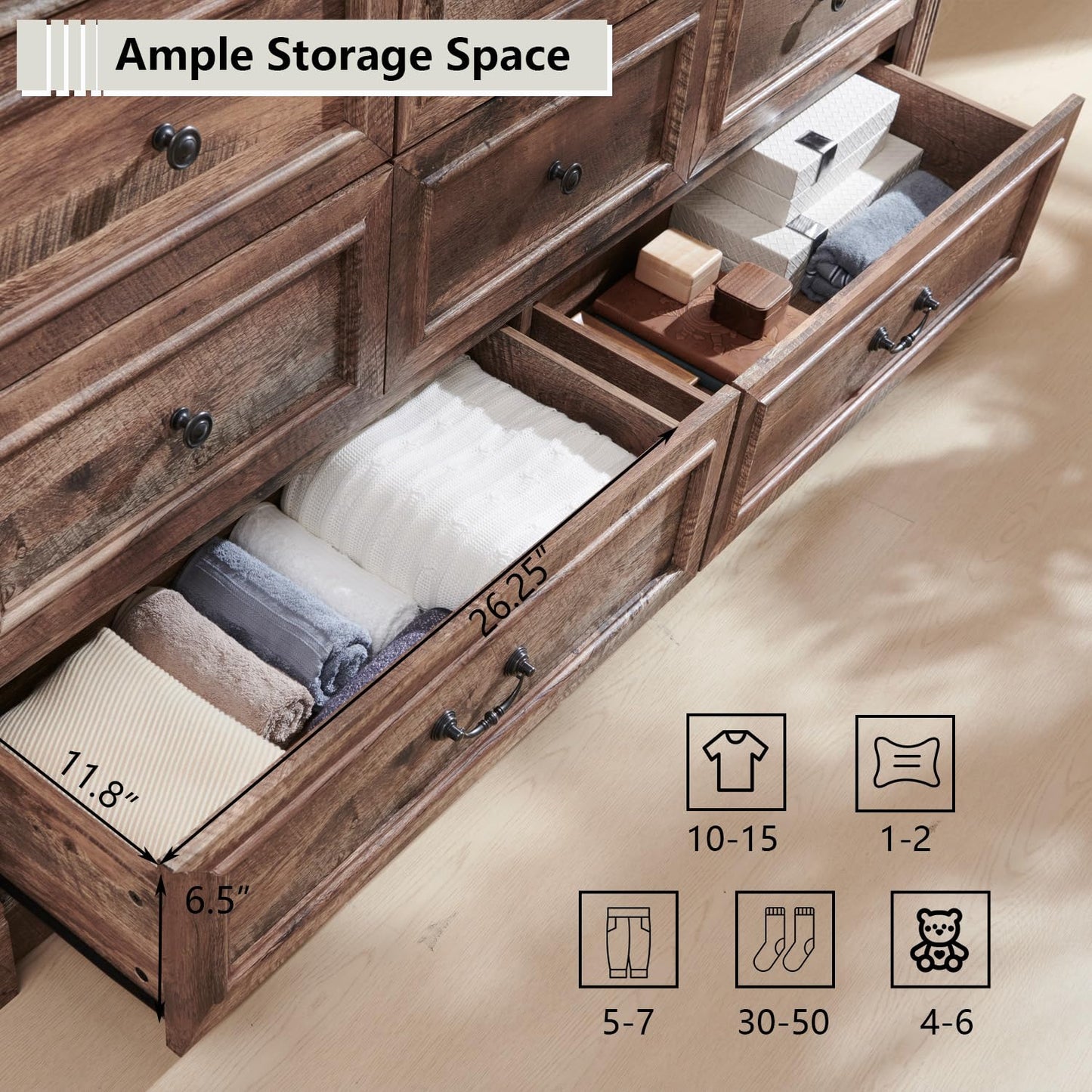 Aitjunz 8 Drawers Dresser for Bedroom, Farmhouse 61" Wide Dressers & Chests of Drawers w/Roman Column, Large Storage Dressers Organizer w/Two Different Drawer Sizes for Bedroom,Living Room,Light Brown
